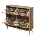 Natural Rattan 4 Door Shoe Rack, Freestanding Modern Shoe Storage Cabinet, For Entryway Walnut Particle Board