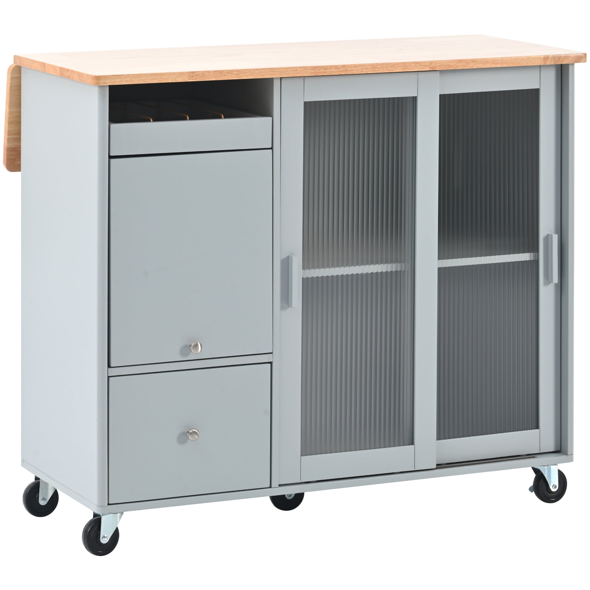 Kitchen Island With Drop Leaf, Led Light Kitchen Cart On Wheels With 2 Fluted Glass Doors And 1 Flip Cabinet Door, Large Kitchen Island Cart With An Adjustable Shelf And 2 Drawers Grey Blue Grey