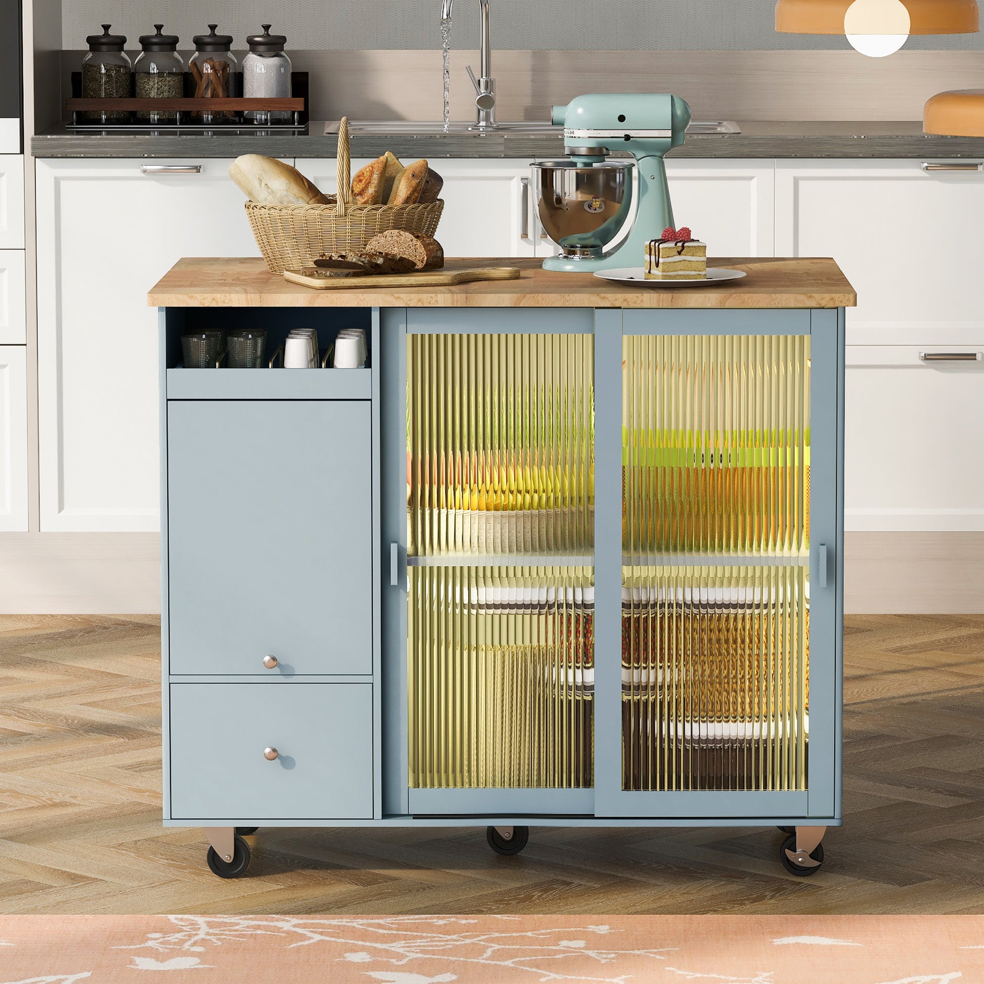 Kitchen Island With Drop Leaf, Led Light Kitchen Cart On Wheels With 2 Fluted Glass Doors And 1 Flip Cabinet Door, Large Kitchen Island Cart With An Adjustable Shelf And 2 Drawers Grey Blue Grey