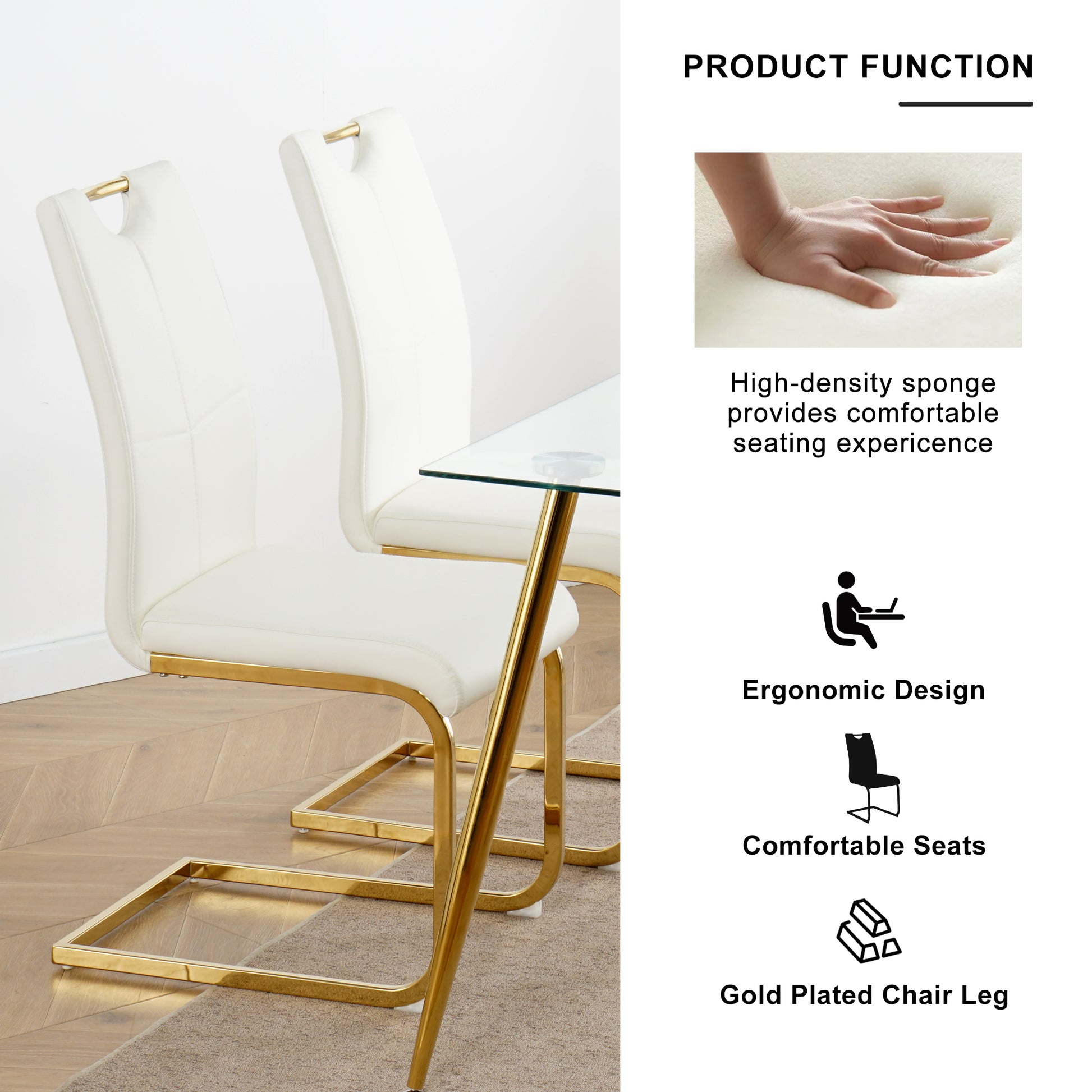 Modern Simple Rectangular Glass Dining Table, Wear Resistant Tempered Glass Countertop, Gold Plated Legs, White Pu Dining Chair Set, Suitable For Restaurant Kitchen Use Set Of 7 Upholstered Chair