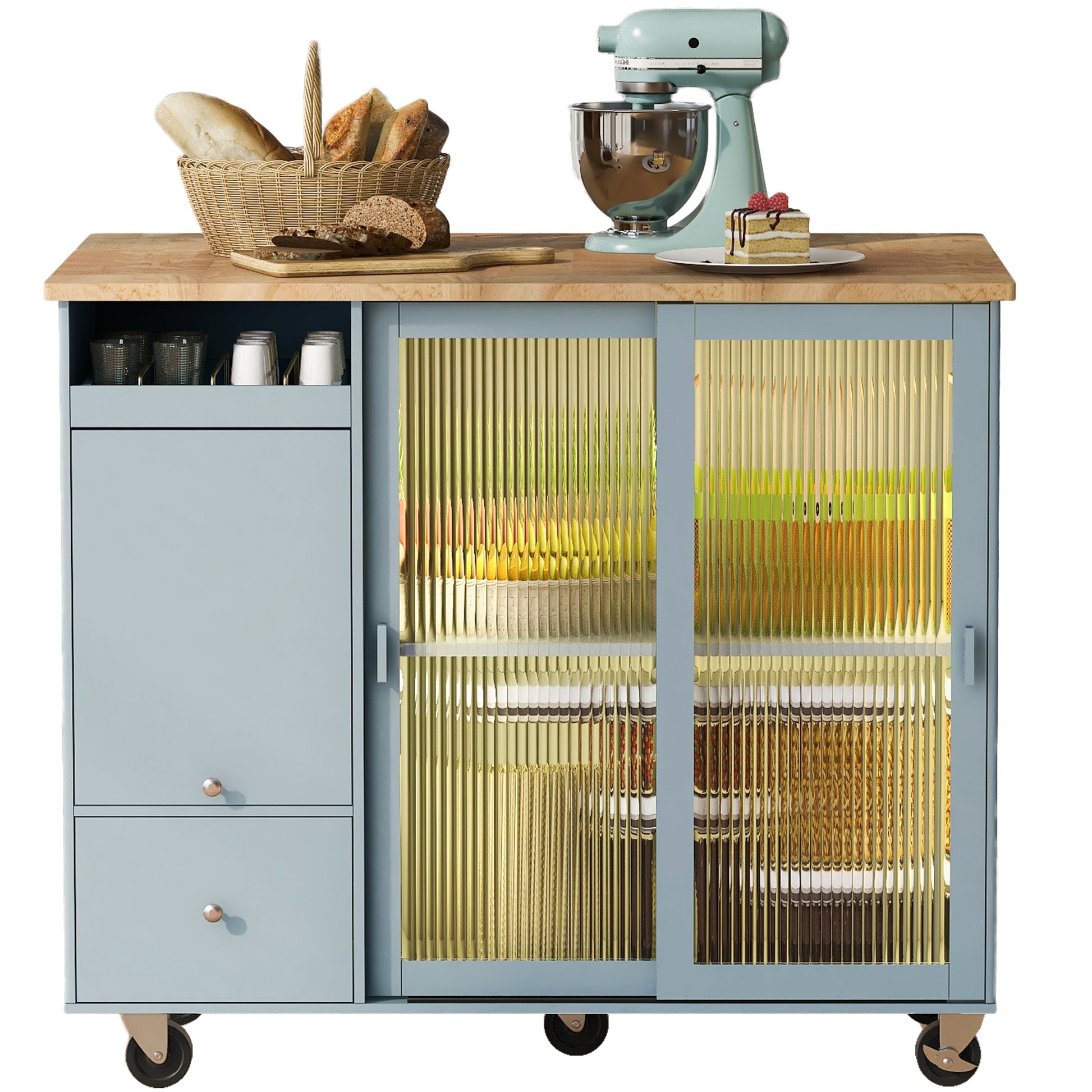 Kitchen Island With Drop Leaf, Led Light Kitchen Cart On Wheels With 2 Fluted Glass Doors And 1 Flip Cabinet Door, Large Kitchen Island Cart With An Adjustable Shelf And 2 Drawers Grey Blue Grey