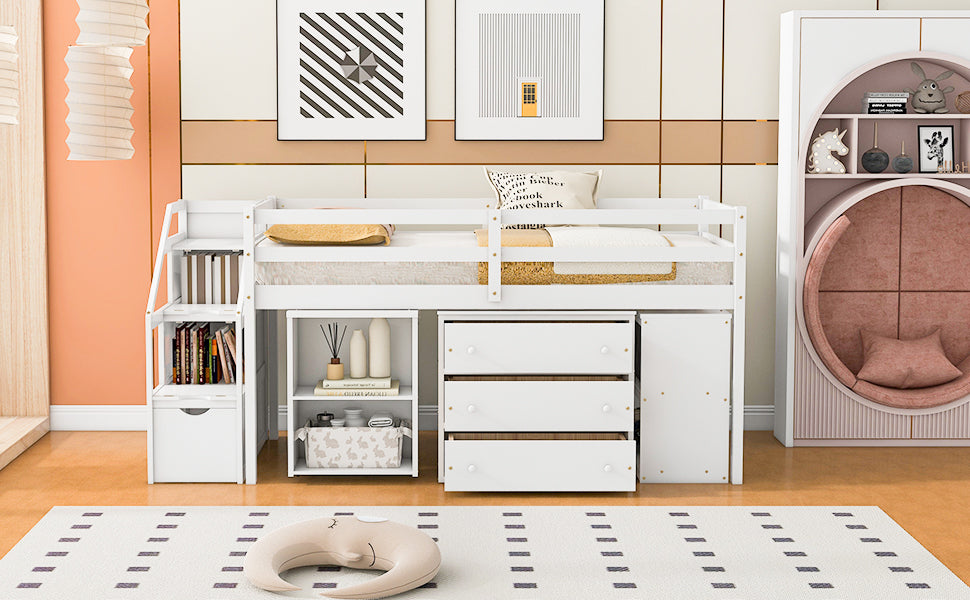 Twin Size Loft Bed With Retractable Writing Desk And 3 Drawers, Wooden Loft Bed With Storage Stairs And Shelves, White White Solid Wood Mdf