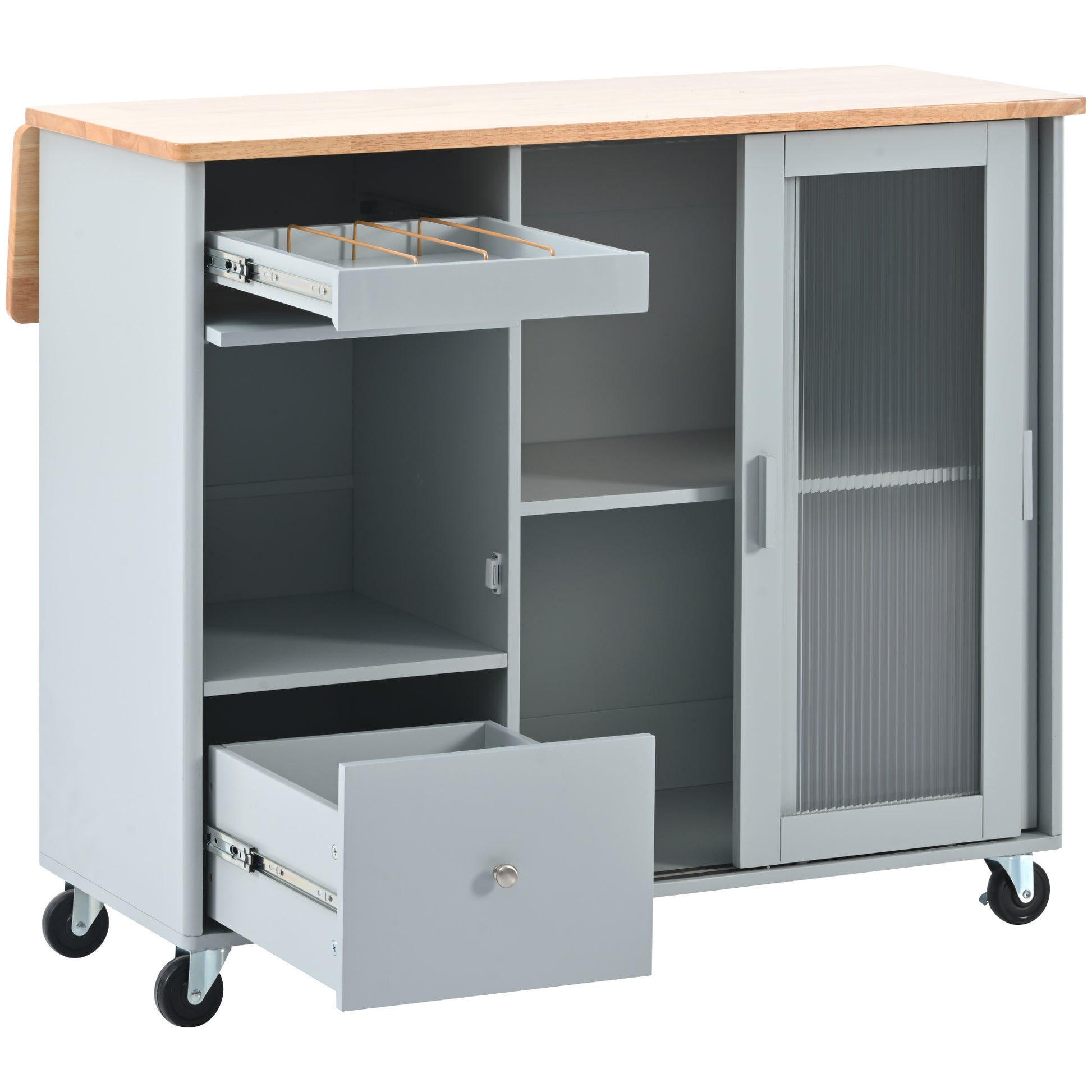 Kitchen Island With Drop Leaf, Led Light Kitchen Cart On Wheels With 2 Fluted Glass Doors And 1 Flip Cabinet Door, Large Kitchen Island Cart With An Adjustable Shelf And 2 Drawers Grey Blue Grey