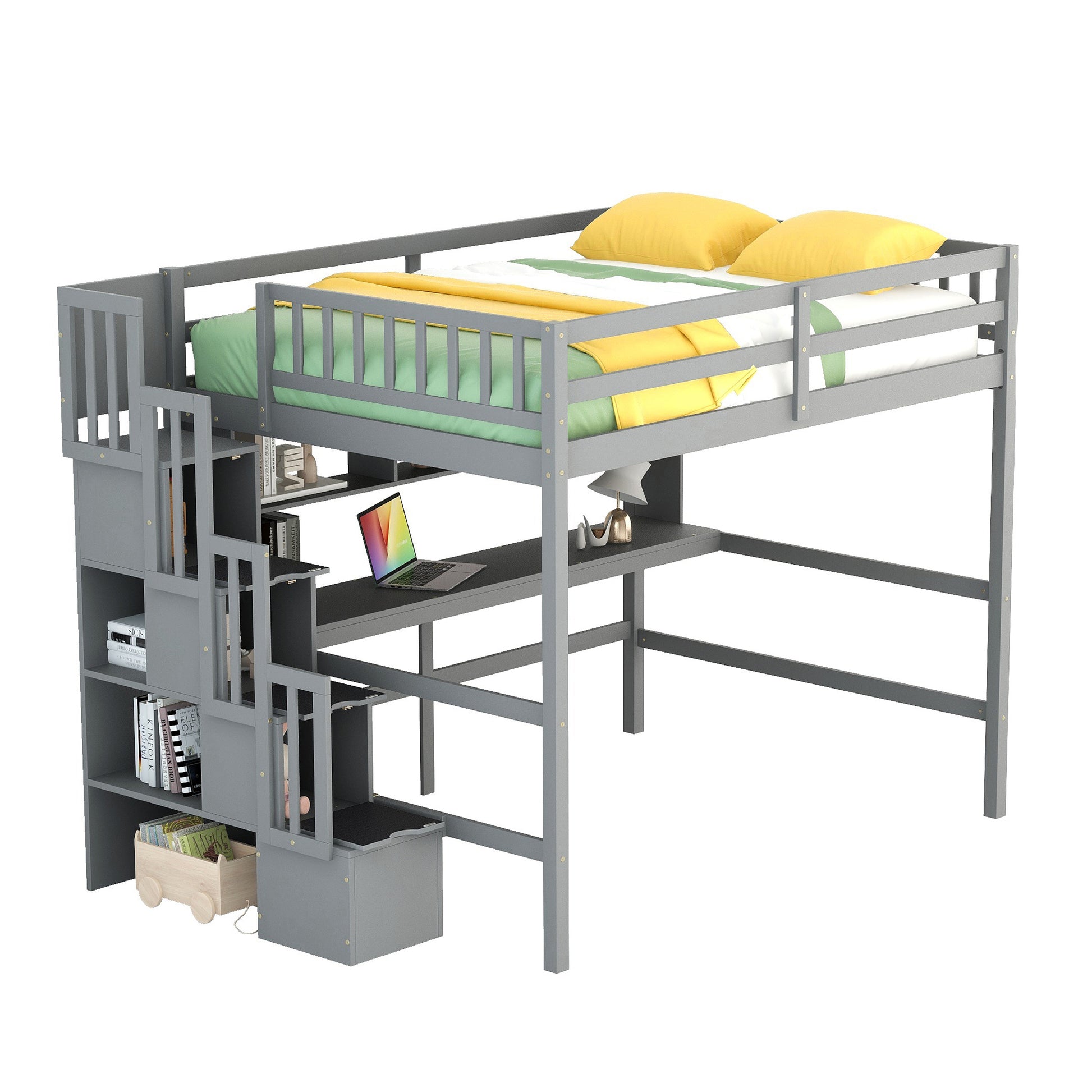 Full Size Loft Bed With Built In Desk, Bookshelves And Storage Staircase,Grey Old Sku:W504S00109 Full Grey Pine