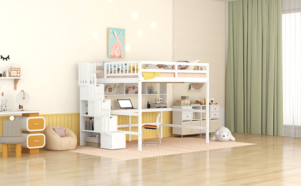 Full Size Loft Bed With Built In Desk, Bookshelves And Storage Staircase,White Full White American Design Pine