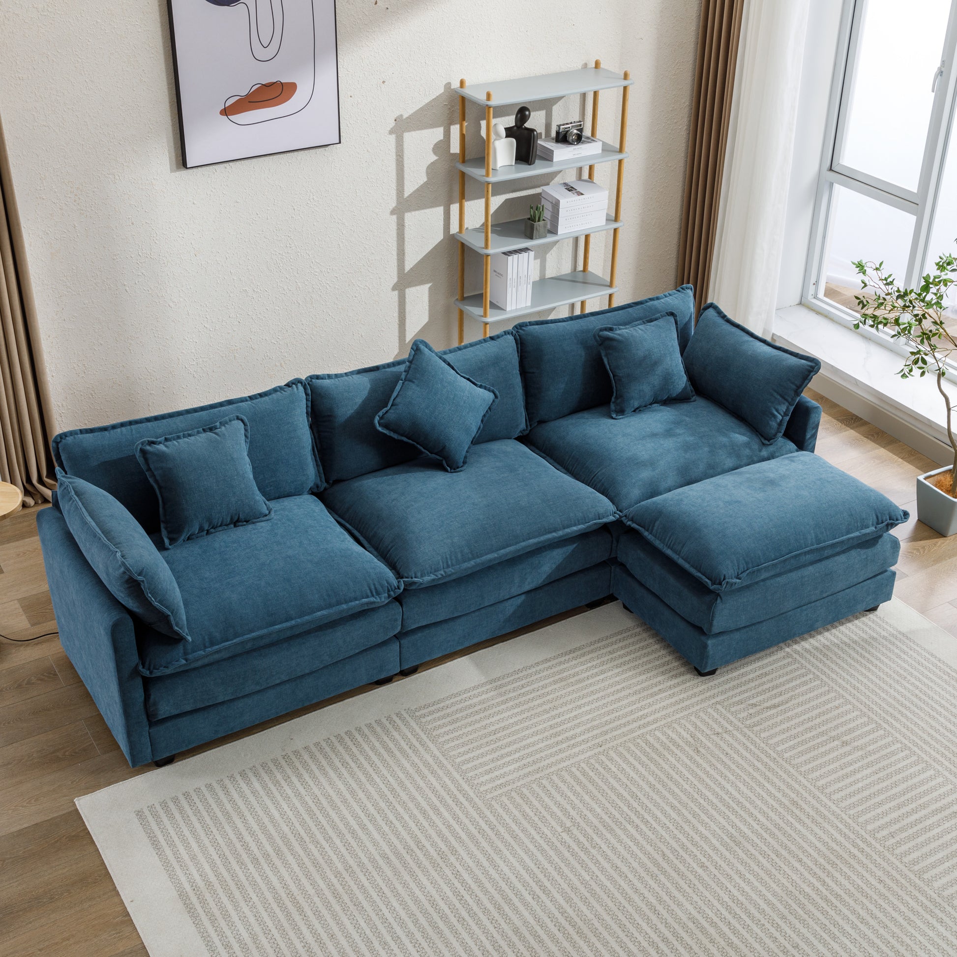 112.2" L Shape Chenille Upholstered Sofa For Living Room Modern Luxury Sofa Couch With Ottoman, 5 Pillows, Blue Blue Foam 4 Seat