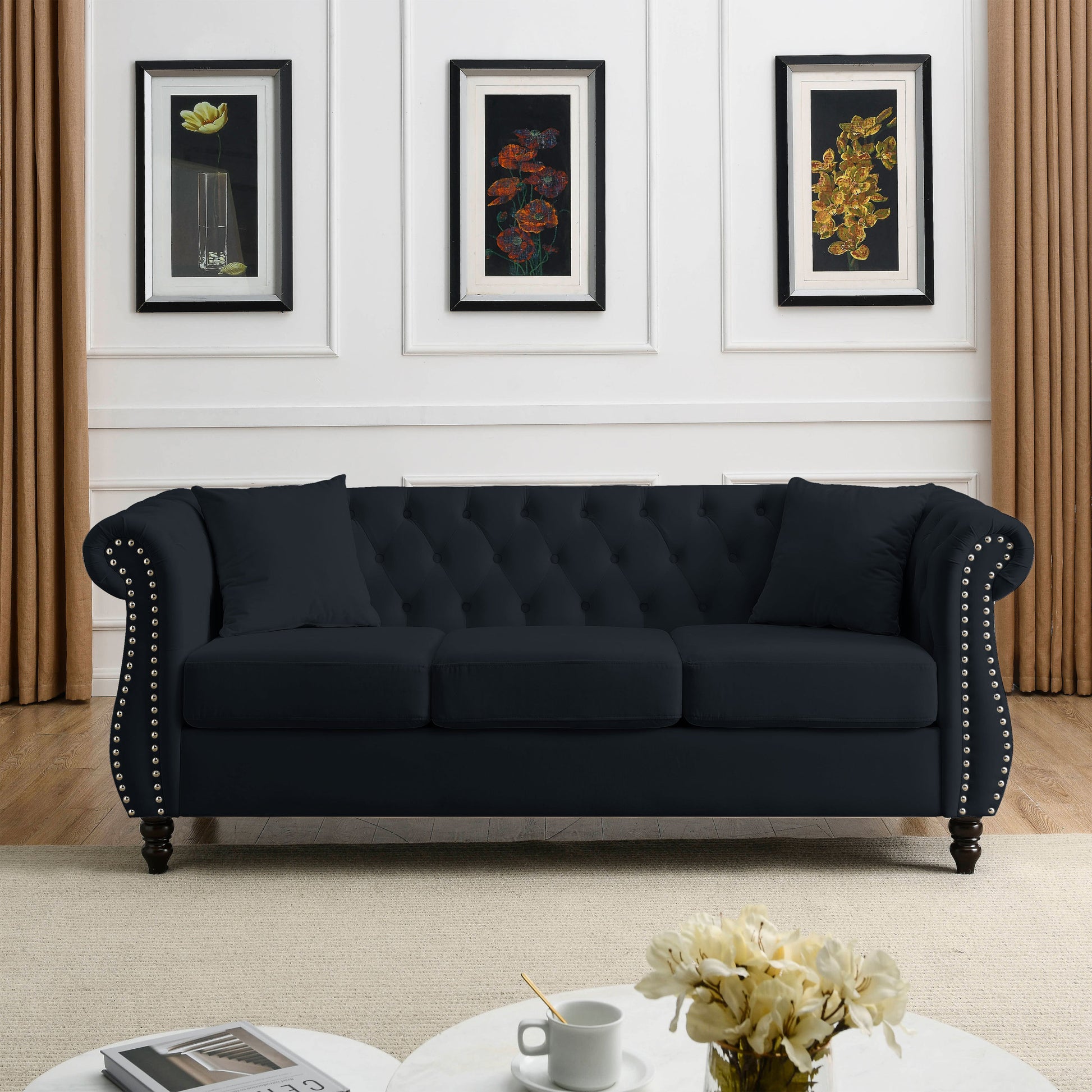 Video 80" Chesterfield Sofa Black Velvet For Living Room, 3 Seater Sofa Tufted Couch With Rolled Arms And For Living Room, Bedroom, Office, Apartment, 3S 2S Black Foam Velvet