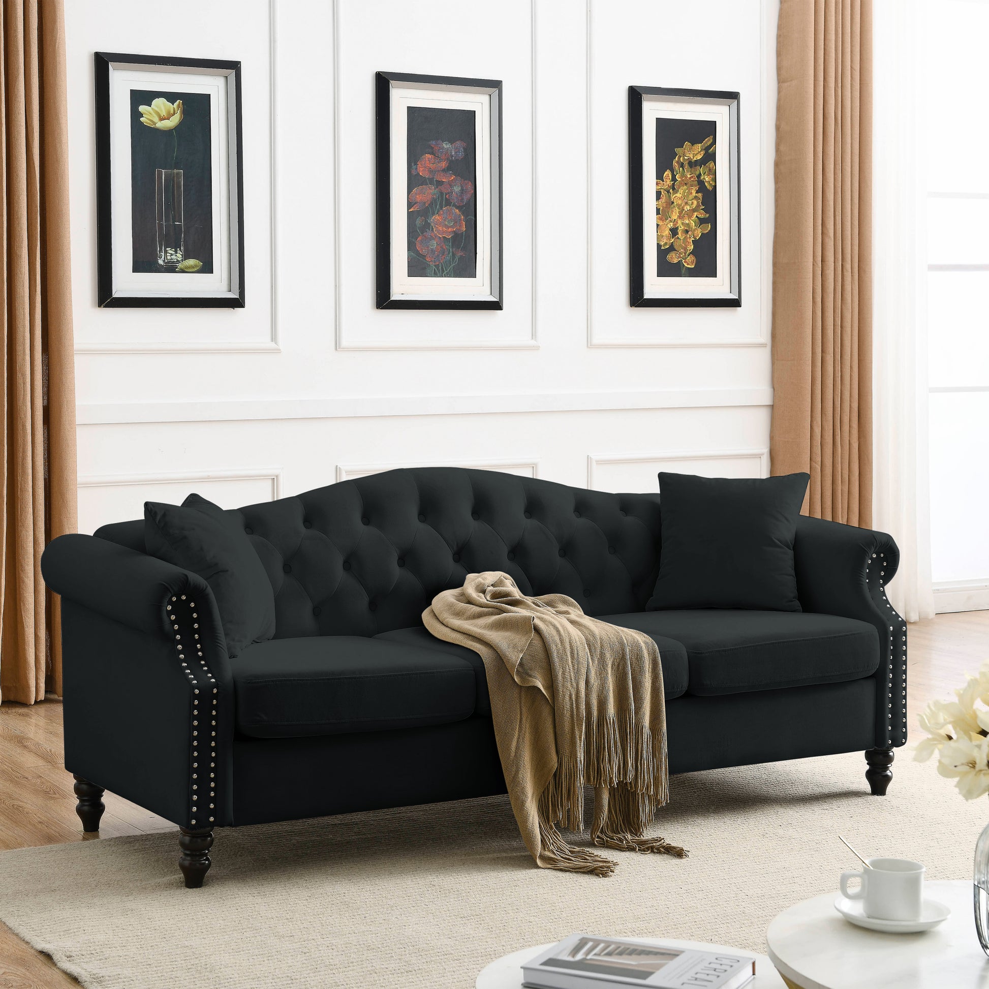 Video 79" Chesterfield Sofa Black Velvet For Living Room, 3 Seater Sofa Tufted Couch With Rolled Arms And For Living Room, Bedroom, Office, Apartment, 3S 3S Black Velvet