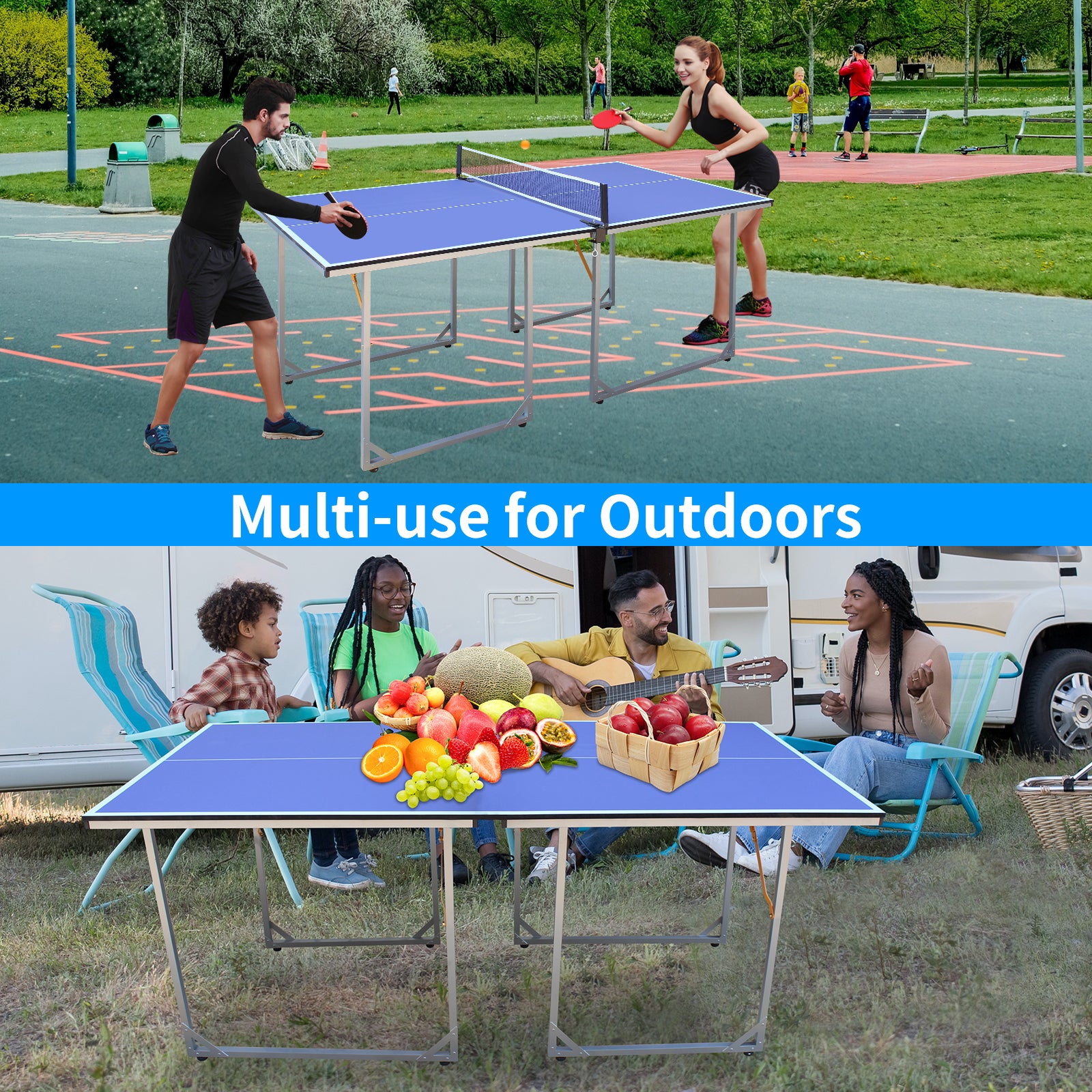 6Ft Mid Size Table Tennis Table Foldable & Portable Ping Pong Table Set For Indoor & Outdoor Games With Net, 2 Table Tennis Paddles And 3 Balls Blue Mdf