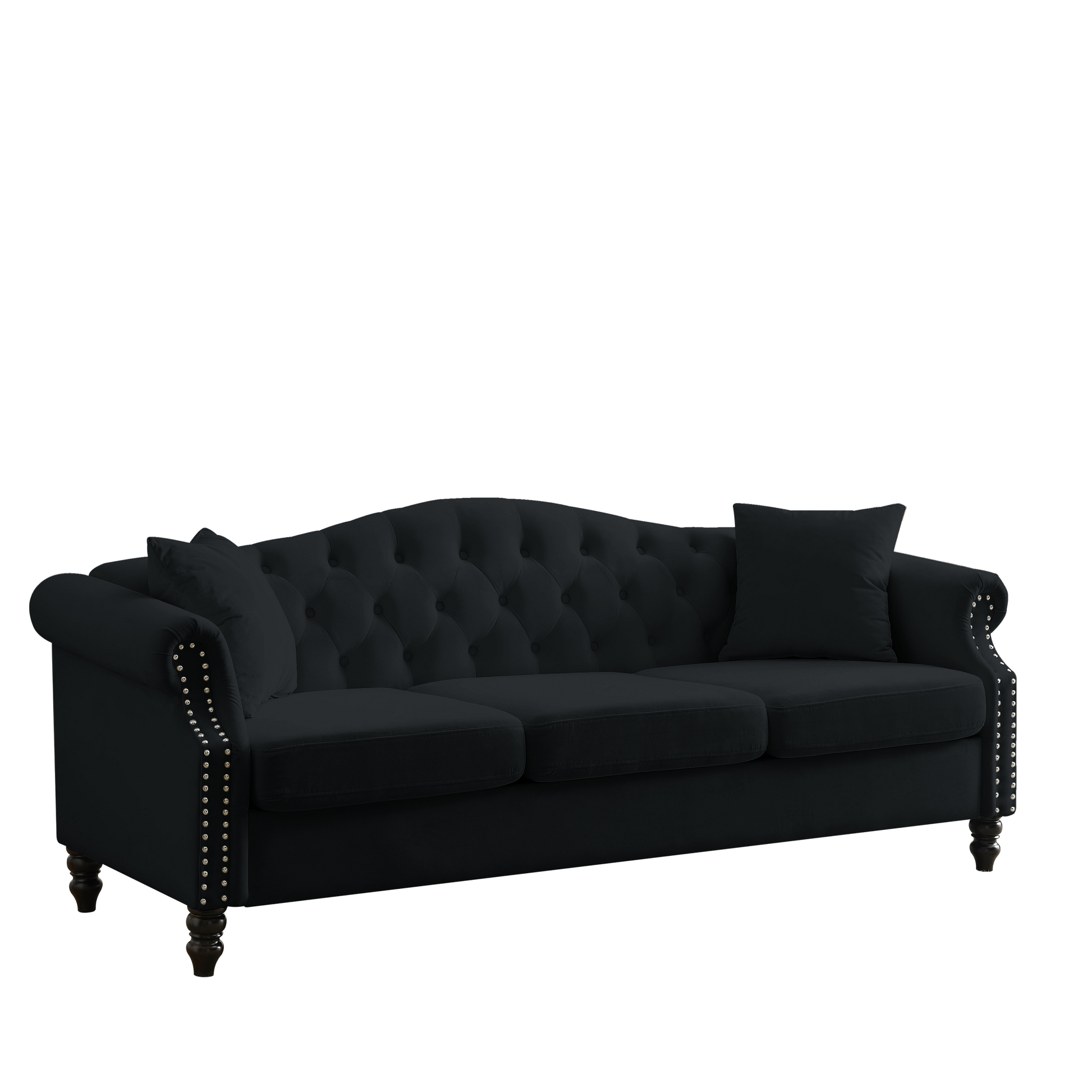 Video 79" Chesterfield Sofa Black Velvet For Living Room, 3 Seater Sofa Tufted Couch With Rolled Arms And For Living Room, Bedroom, Office, Apartment, 3S 3S Black Velvet