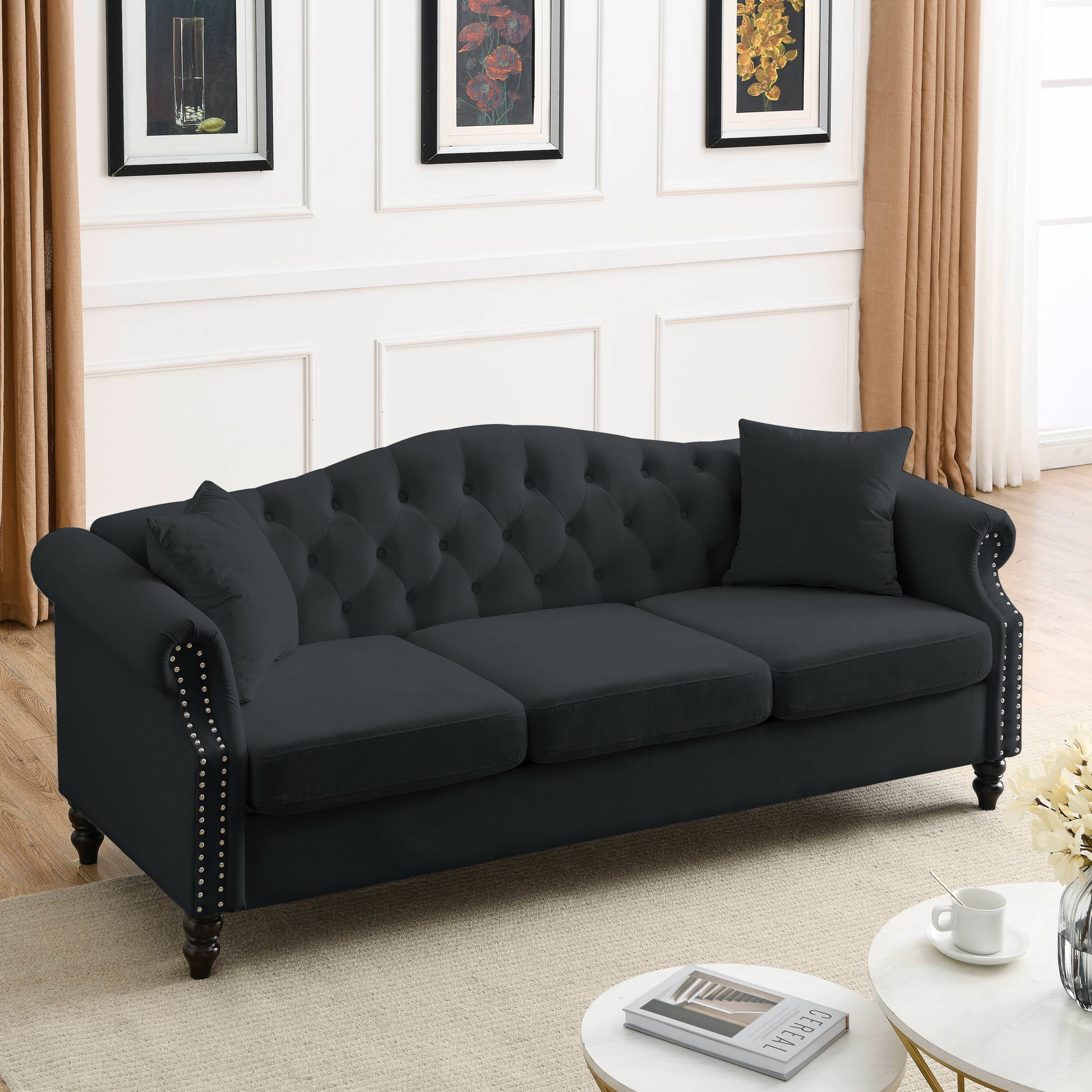 Video 79" Chesterfield Sofa Black Velvet For Living Room, 3 Seater Sofa Tufted Couch With Rolled Arms And For Living Room, Bedroom, Office, Apartment, 3S 3S Black Velvet