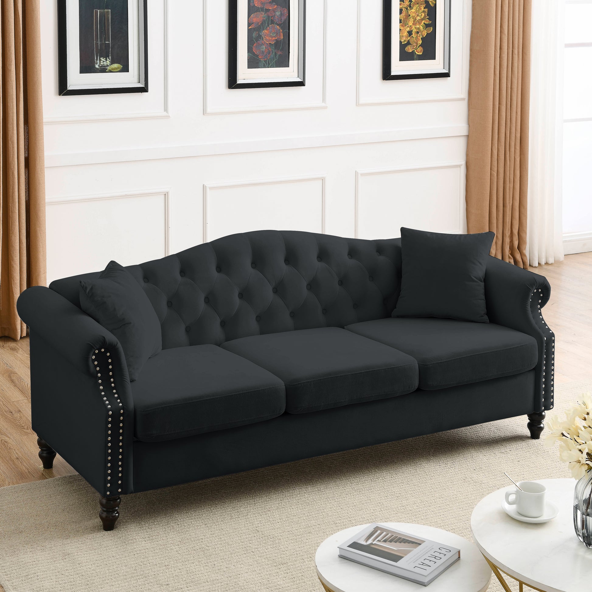 Video 79" Chesterfield Sofa Black Velvet For Living Room, 3 Seater Sofa Tufted Couch With Rolled Arms And For Living Room, Bedroom, Office, Apartment, 3S 2S Black Velvet