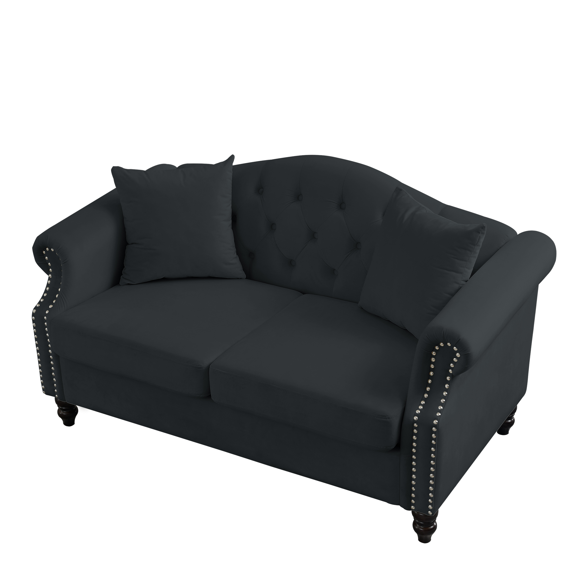 57" Chesterfield Sofa Black Velvet For Living Room, 2 Seater Sofa Tufted Couch With Rolled Arms And For Living Room, Bedroom, Office, Apartment, Two Pillows Black Foam Velvet