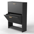 2 Drawer All Steel Large Shoe Cabinet, Freestanding Shoe Rack Organizer With Flip Door, 2 Tiers Modern Tipping Bucket Shoe Cabinet For Entryway, Hallway, Bedroom, Black Requires Assembly Black Steel