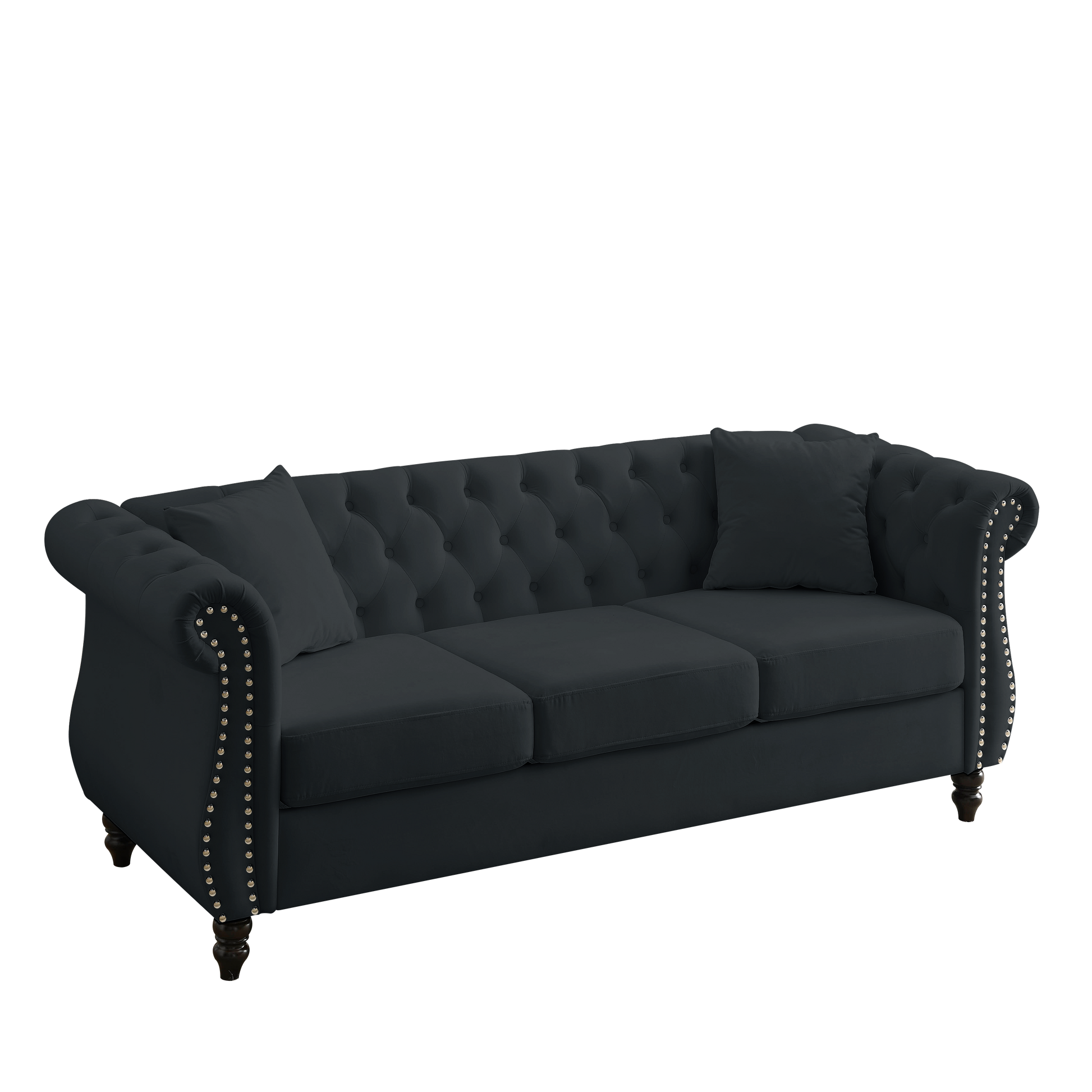 Video 80" Chesterfield Sofa Black Velvet For Living Room, 3 Seater Sofa Tufted Couch With Rolled Arms And For Living Room, Bedroom, Office, Apartment, Two Pillows Black Foam Velvet