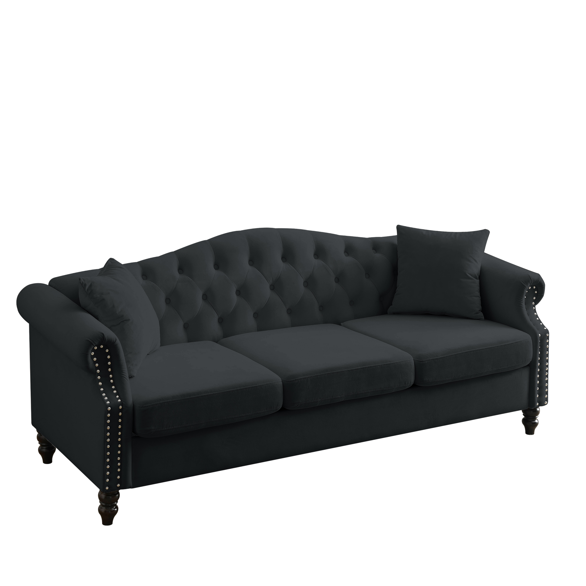 Video 79" Chesterfield Sofa Black Velvet For Living Room, 3 Seater Sofa Tufted Couch With Rolled Arms And For Living Room, Bedroom, Office, Apartment, 3S 3S Black Velvet