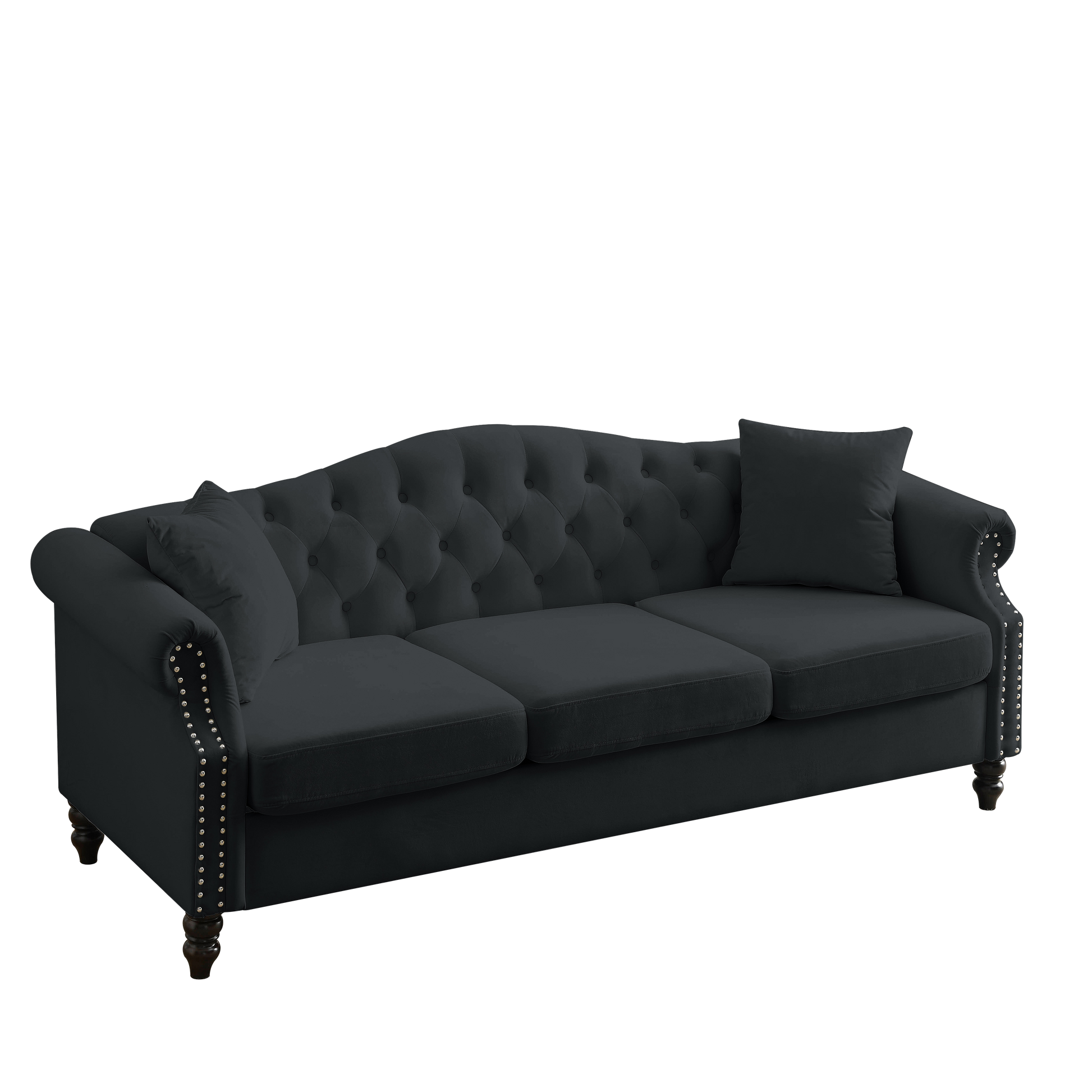 Video 79" Chesterfield Sofa Black Velvet For Living Room, 3 Seater Sofa Tufted Couch With Rolled Arms And For Living Room, Bedroom, Office, Apartment, 3S 2S Black Velvet