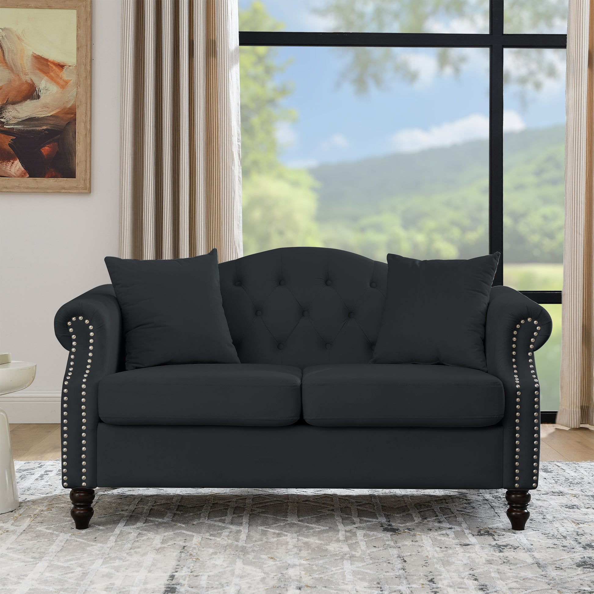 Video 79" Chesterfield Sofa Black Velvet For Living Room, 3 Seater Sofa Tufted Couch With Rolled Arms And For Living Room, Bedroom, Office, Apartment, 3S 2S Black Velvet