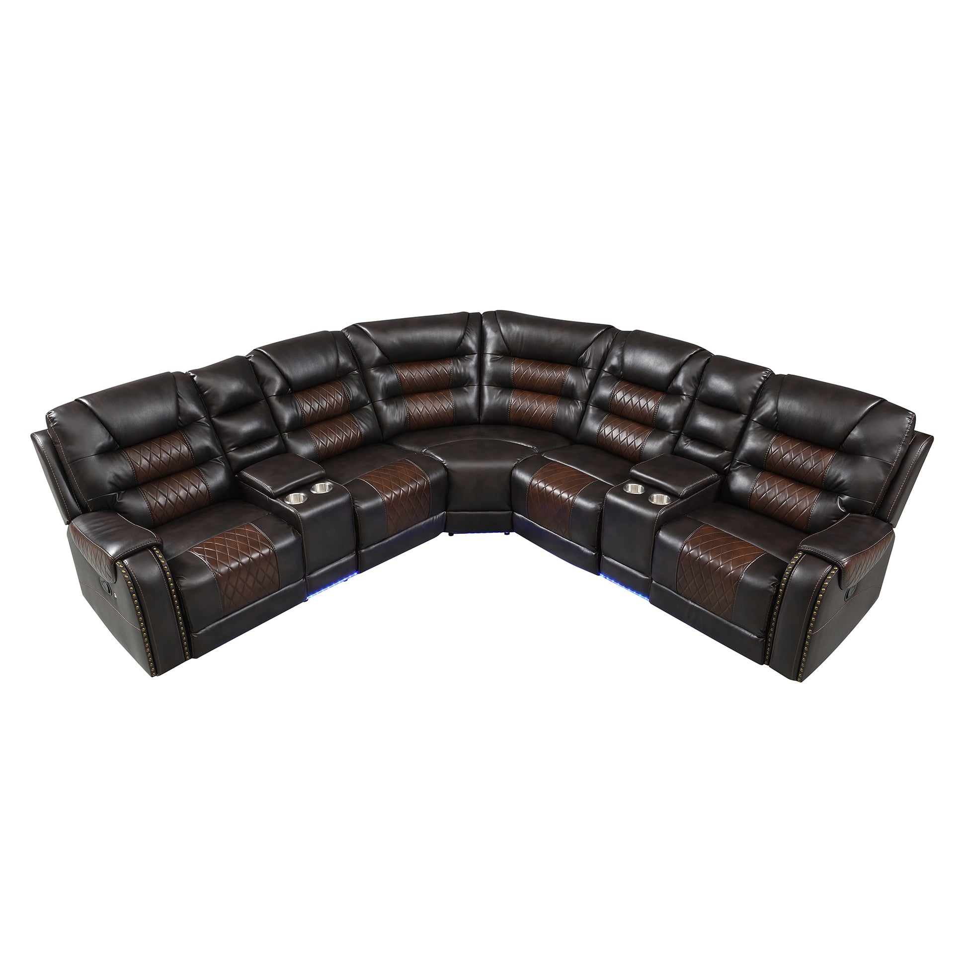 112.2" Manual Reclining Sectional Sofa Set L Shaped Symmetrical Motion Sofa Corner Couch Sets With Storage Boxes, 4 Cup Holders And Led Light Strip For Living Room, Brown Brown Foam Pu Leather 5 Seat