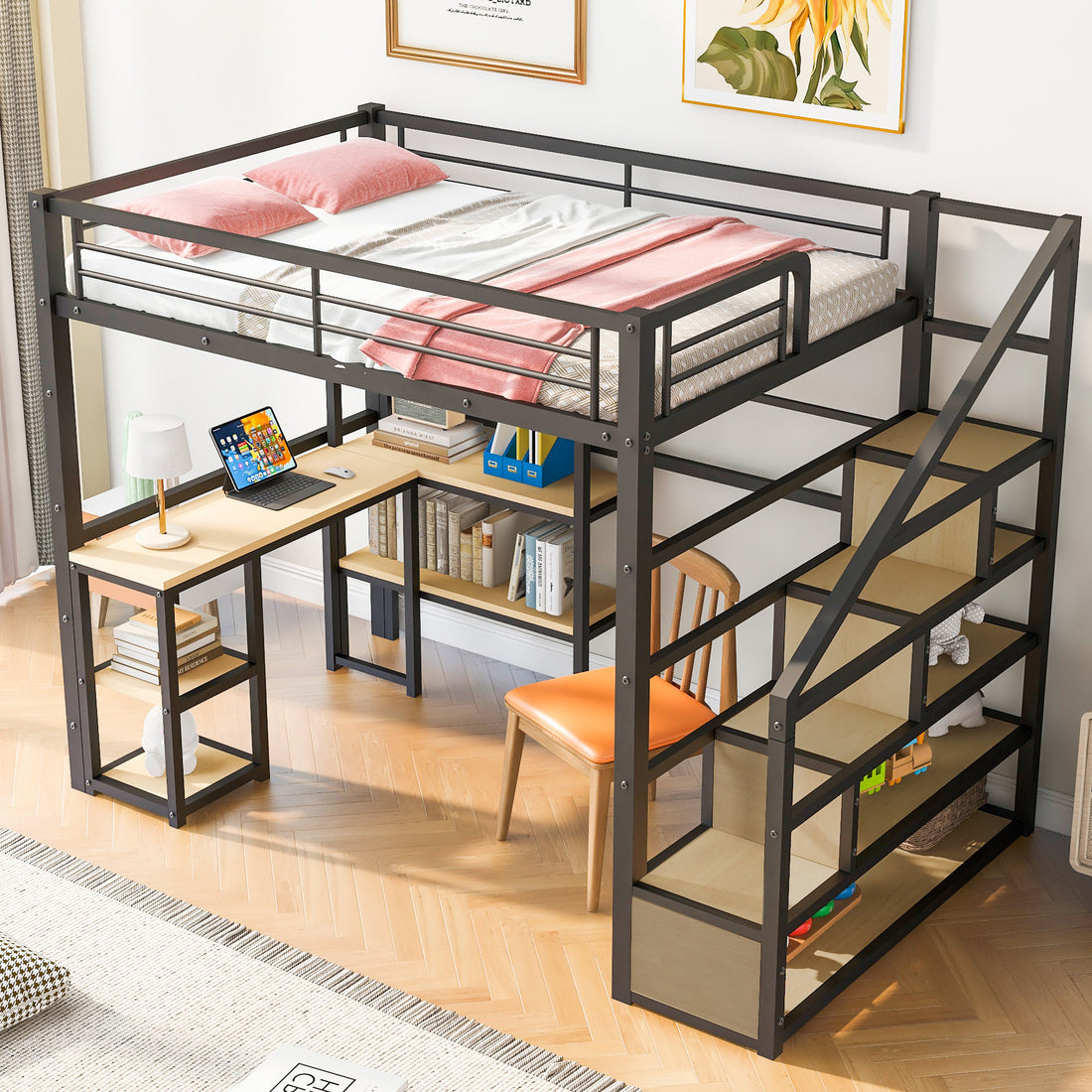 Full Size Metal Loft Bed With Staircase, Built In Desk And Shelves, Black Box Spring Not Required Full Black Metal Bedroom Mdf Metal