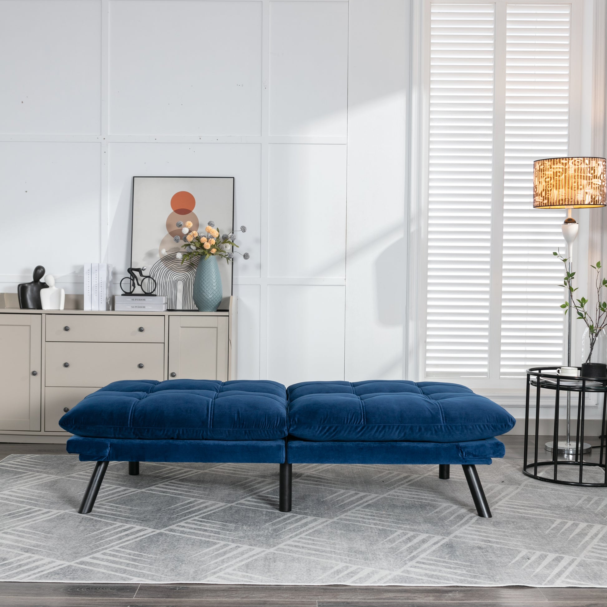 Navy Blue Convertible Folding Modern Sofa Bed White Wood Primary Living Space Light Duty Pine 2 Seat Navy Blue Velvet Medium Firm Pillow Back Modern Pillow Top Arms Foam Upholstered