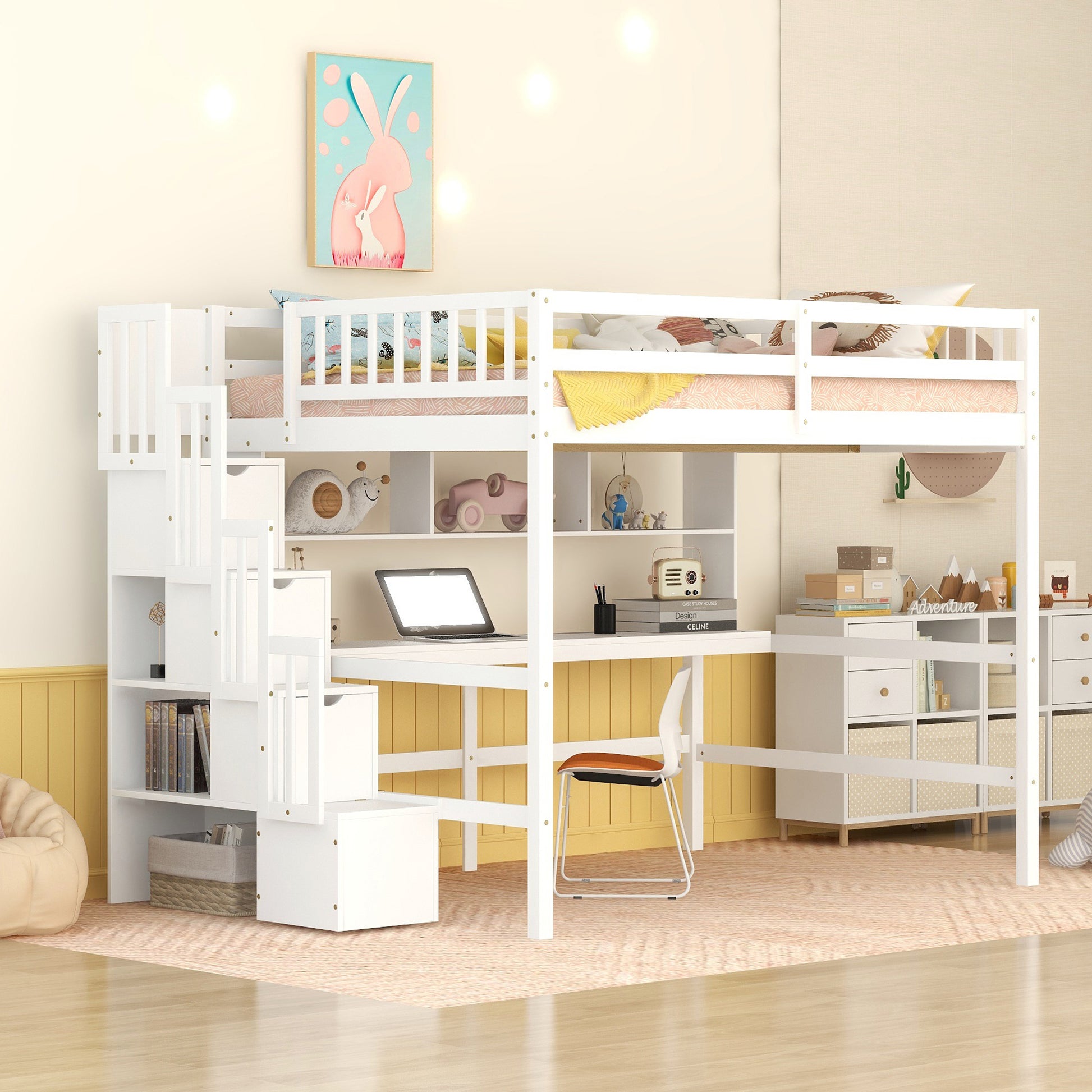 Full Size Loft Bed With Built In Desk, Bookshelves And Storage Staircase,White Old Sku:W504S00110 Full White Pine