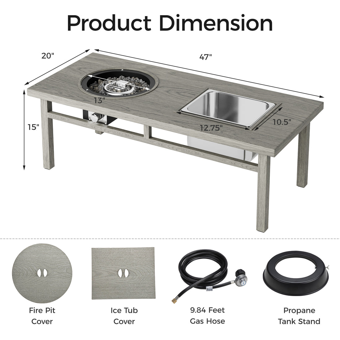 3 In 1 Coffee Table With Ice Bucket And Fire Pit Gray Gray Aluminium