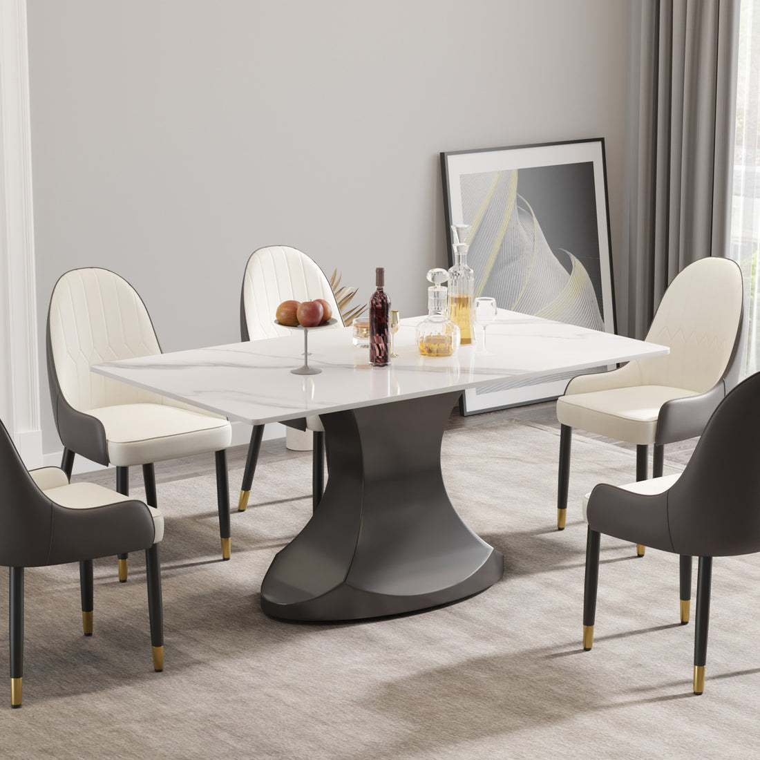 63 "Modern Artificial Stone White Panel Gray Stainless Steel Curved Legs Can Accommodate 6 8 People White Gray Dining Room Metal Sintered Stone