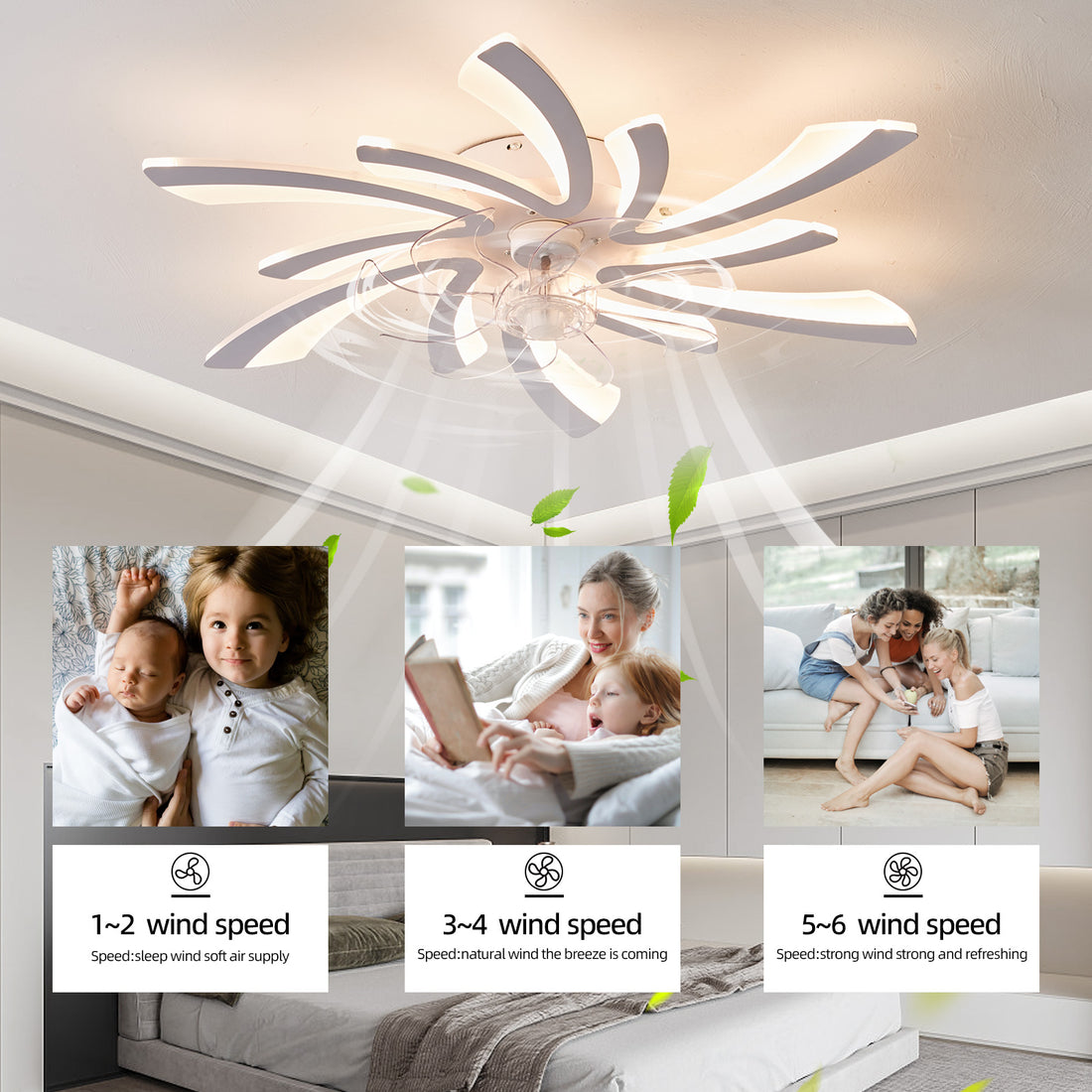 30.7In Ceiling Fan With Lights, Remote Control 3 Color Temperatures,6 Gear Wind Speed Fan Light White Modern Acrylic