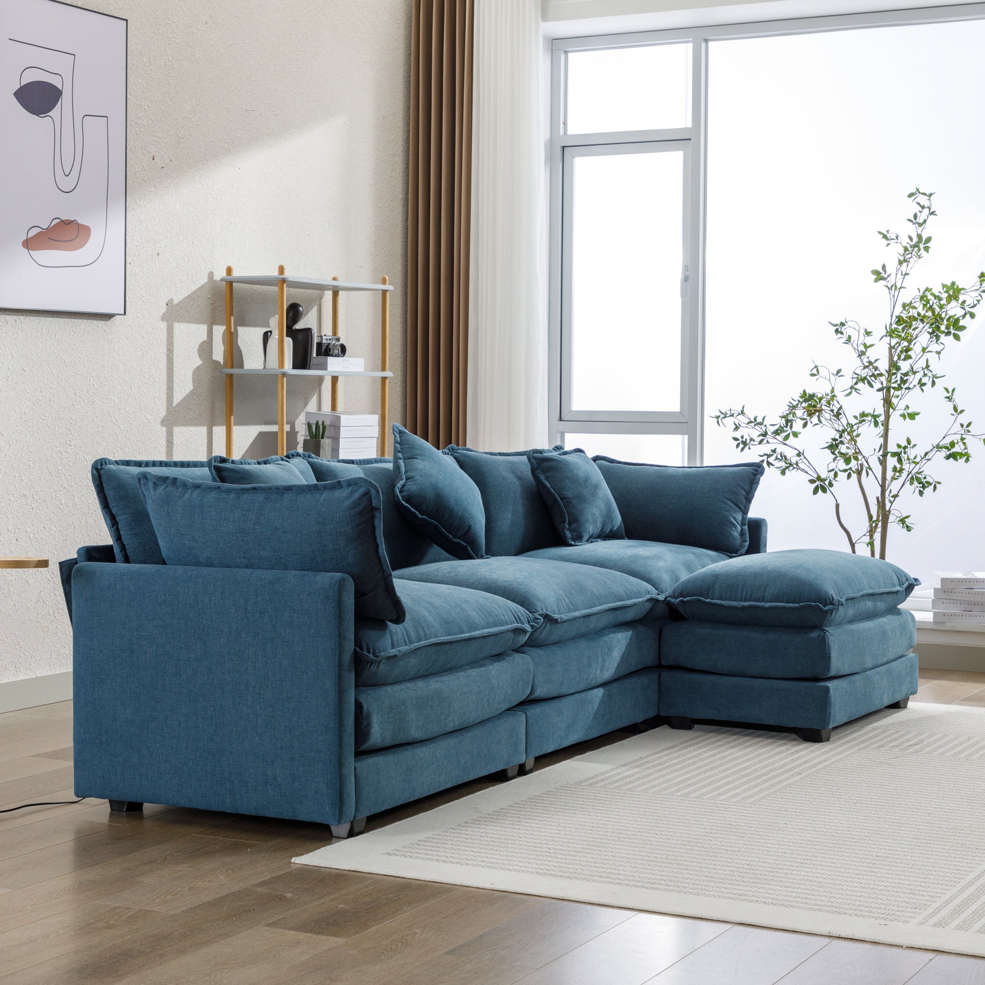 112.2" L Shape Chenille Upholstered Sofa For Living Room Modern Luxury Sofa Couch With Ottoman, 5 Pillows, Blue Blue Foam 4 Seat