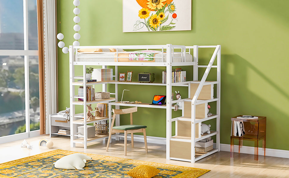 Twin Size Metal Loft Bed With Staircase, Built In Desk And Storage Shelves, White Box Spring Not Required Twin White Metal Bedroom Mdf Metal
