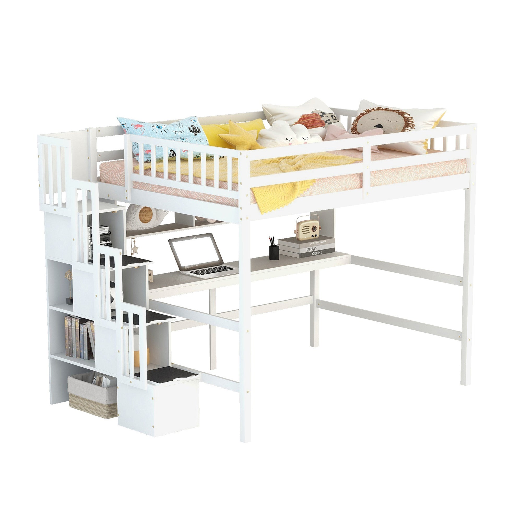 Full Size Loft Bed With Built In Desk, Bookshelves And Storage Staircase,White Full White American Design Pine