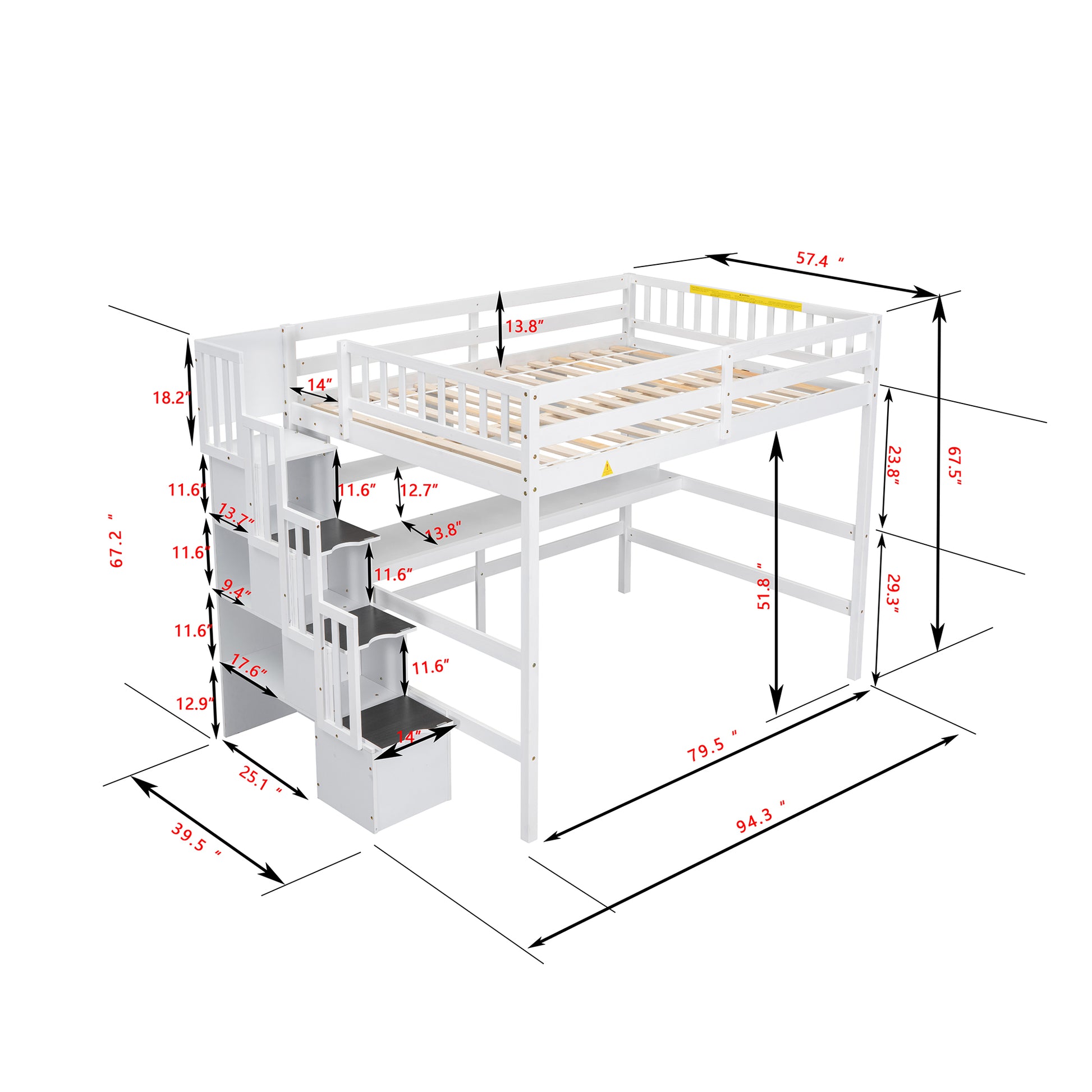 Full Size Loft Bed With Built In Desk, Bookshelves And Storage Staircase,White Full White American Design Pine