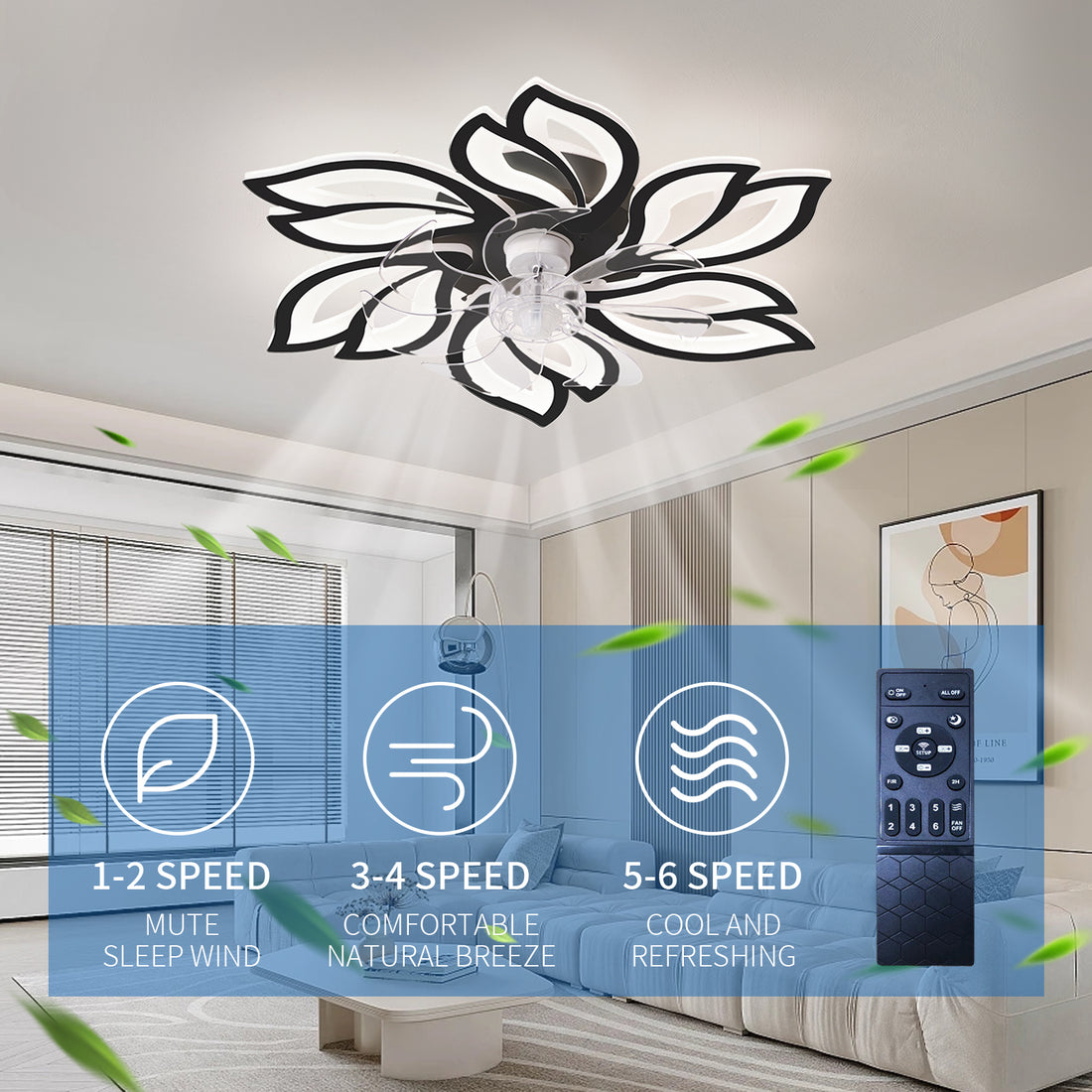 25.5In Ceiling Fan With Lights, Remote Control 3 Color Temperatures,6 Gear Wind Speed Fan Light Black Modern Acrylic