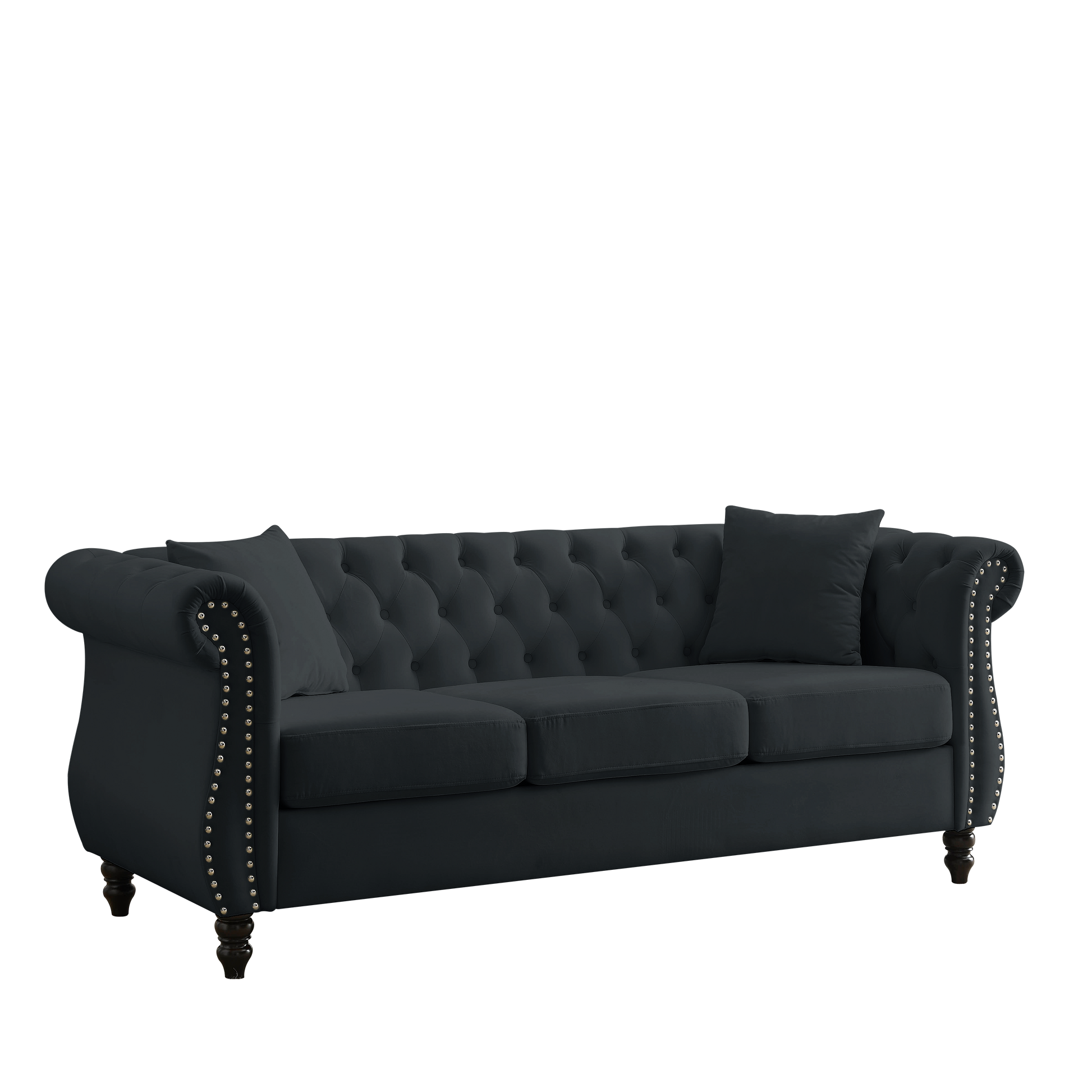 Video 80" Chesterfield Sofa Black Velvet For Living Room, 3 Seater Sofa Tufted Couch With Rolled Arms And For Living Room, Bedroom, Office, Apartment, Two Pillows Black Foam Velvet