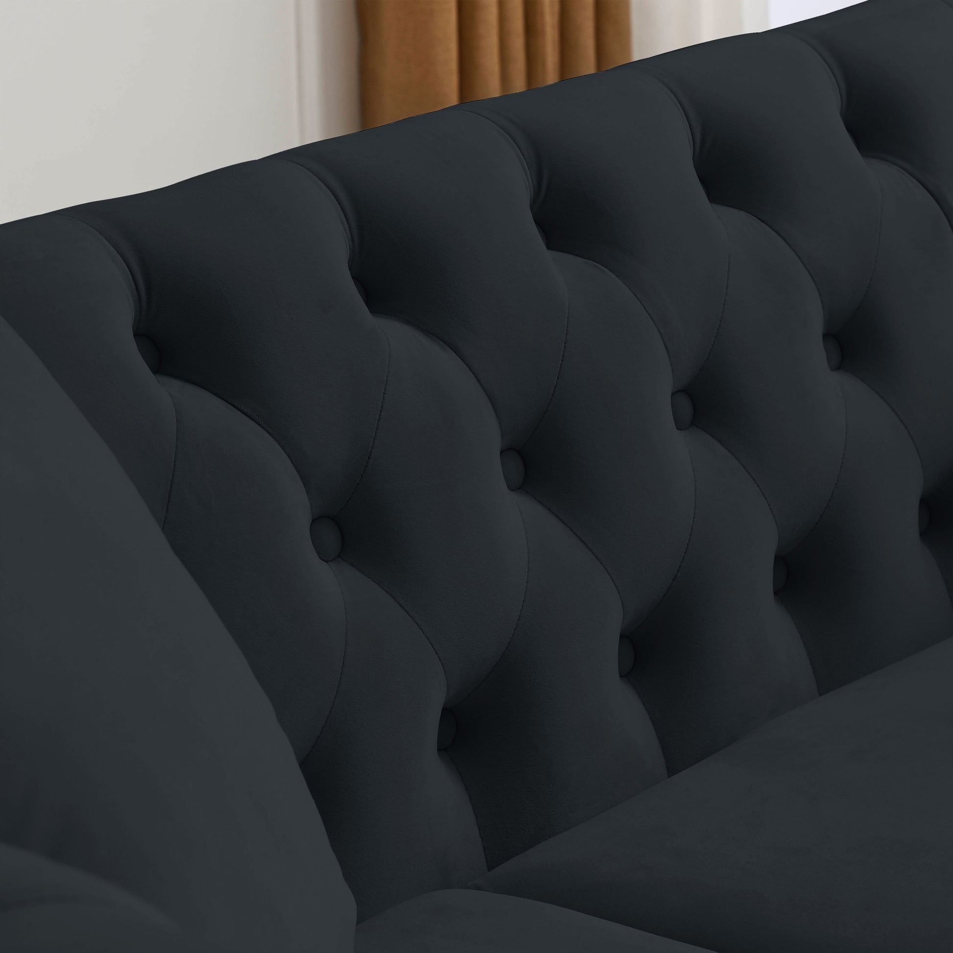 Video 80" Chesterfield Sofa Black Velvet For Living Room, 3 Seater Sofa Tufted Couch With Rolled Arms And For Living Room, Bedroom, Office, Apartment, 3S 2S Black Foam Velvet
