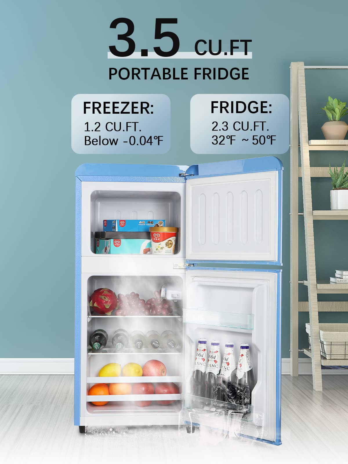 3.5 Cu.Ft Compact Refrigerator, Retro Mini Fridge With Freezer, Small Drink Chiller With 2 Door Adjustable Mechanical Thermostat For Home, Office,Dorm Or Rv Blue Blue Abs Steel Q235