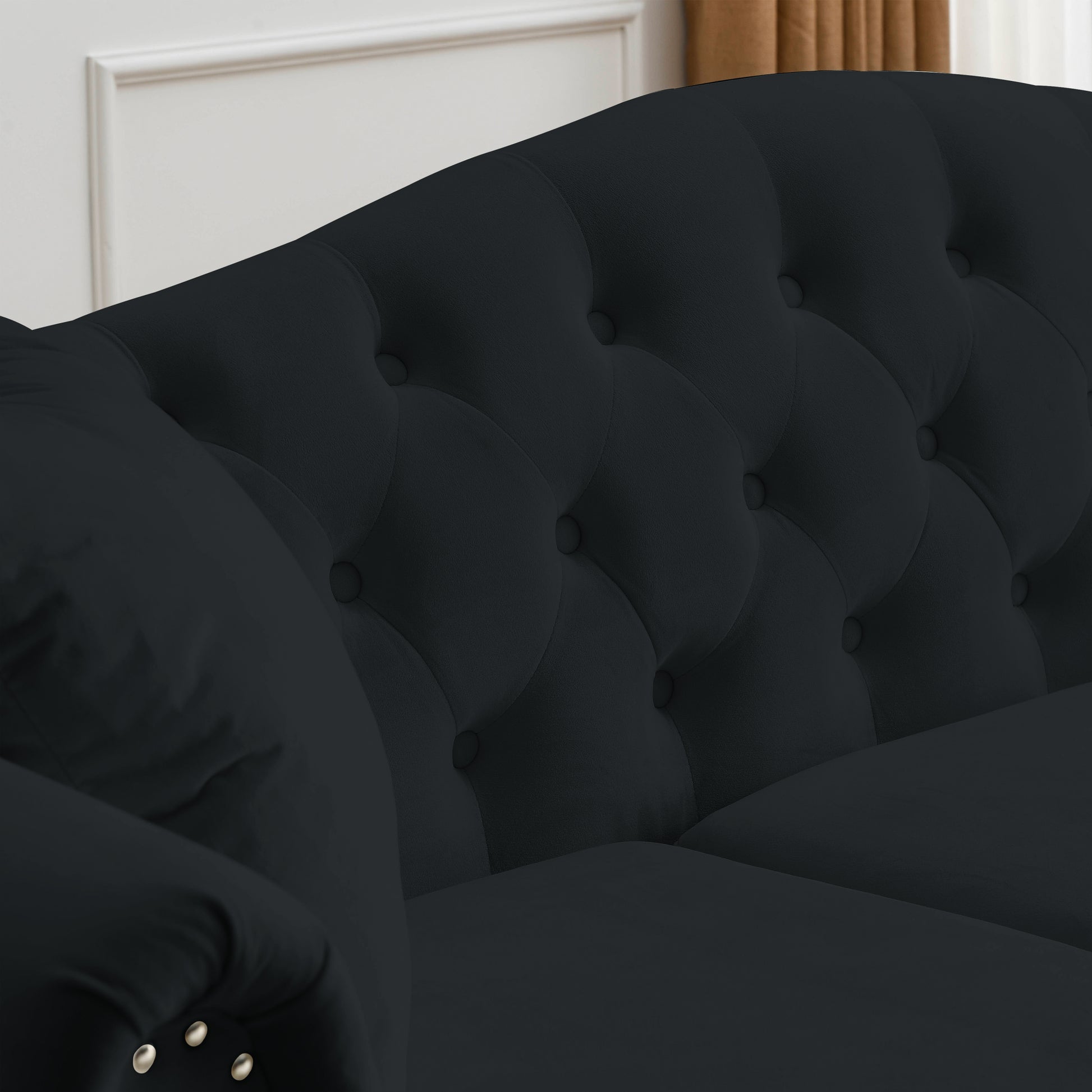 Video 79" Chesterfield Sofa Black Velvet For Living Room, 3 Seater Sofa Tufted Couch With Rolled Arms And For Living Room, Bedroom, Office, Apartment, 3S 3S Black Velvet