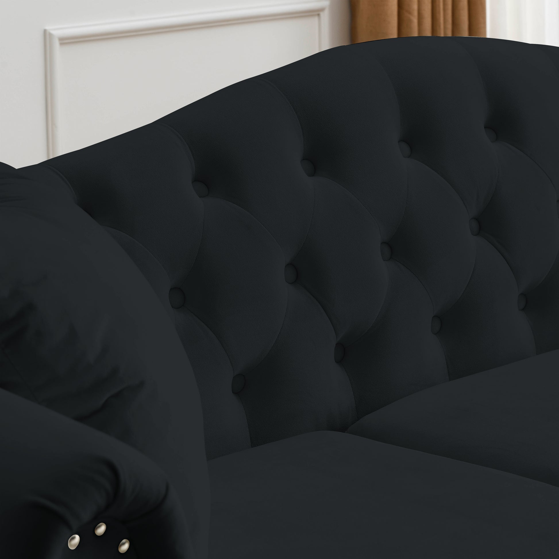 Video 79" Chesterfield Sofa Black Velvet For Living Room, 3 Seater Sofa Tufted Couch With Rolled Arms And For Living Room, Bedroom, Office, Apartment, 3S 2S Black Velvet