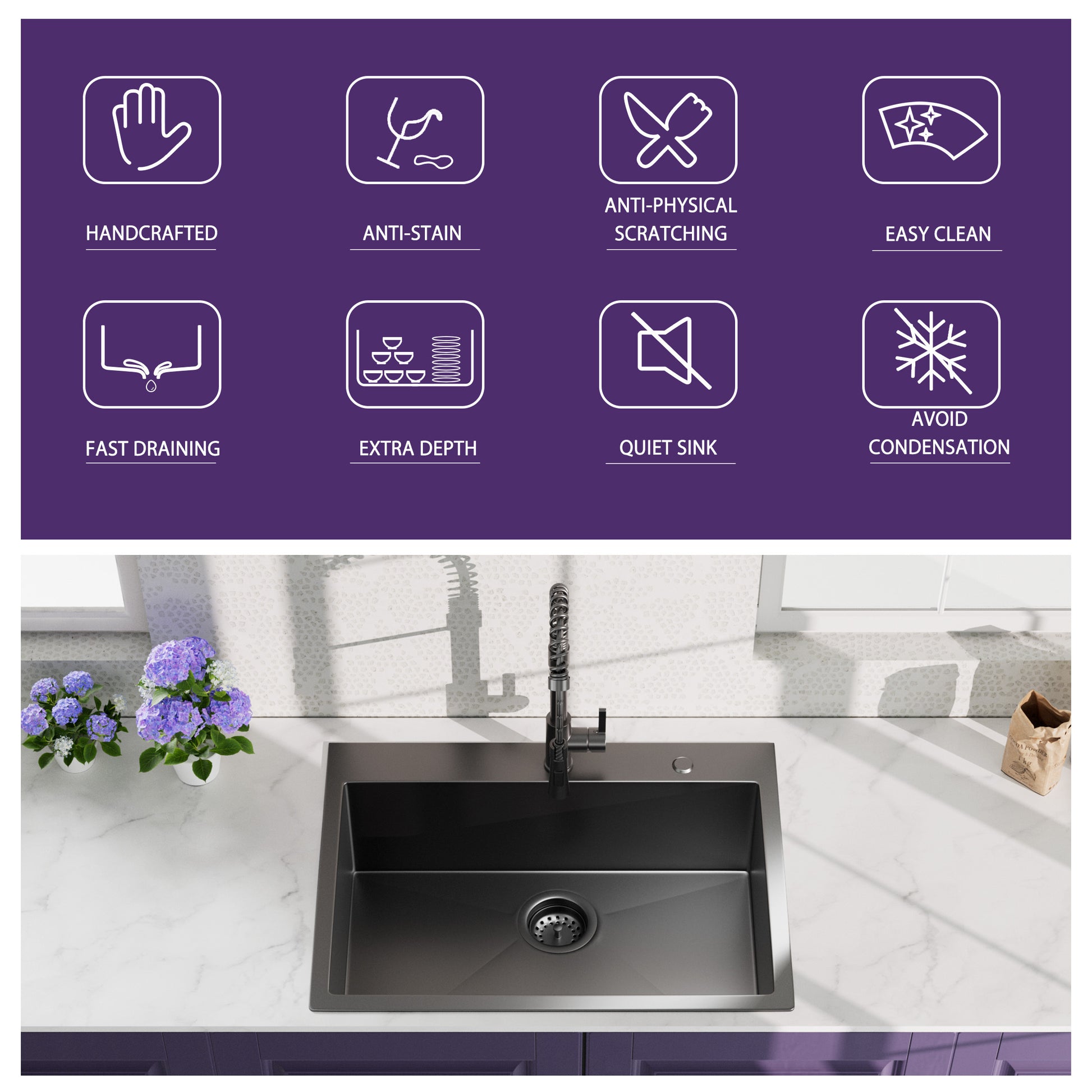 33Inch Topmount 18Gauge Stainless Steel Kitchen Sink With Black Spring Neck Faucet Gunmetal Black Stainless Steel