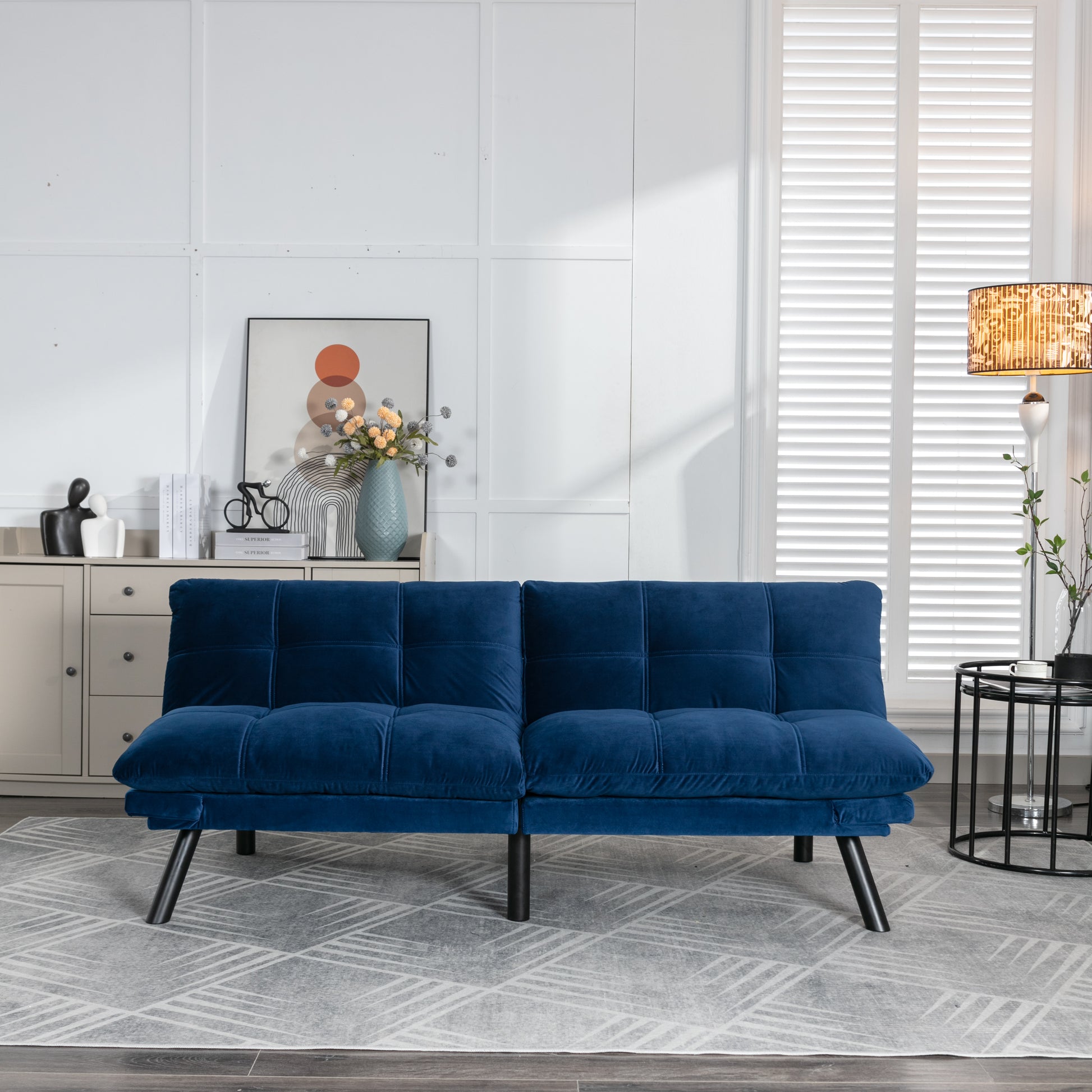 Navy Blue Convertible Folding Modern Sofa Bed White Wood Primary Living Space Light Duty Pine 2 Seat Navy Blue Velvet Medium Firm Pillow Back Modern Pillow Top Arms Foam Upholstered