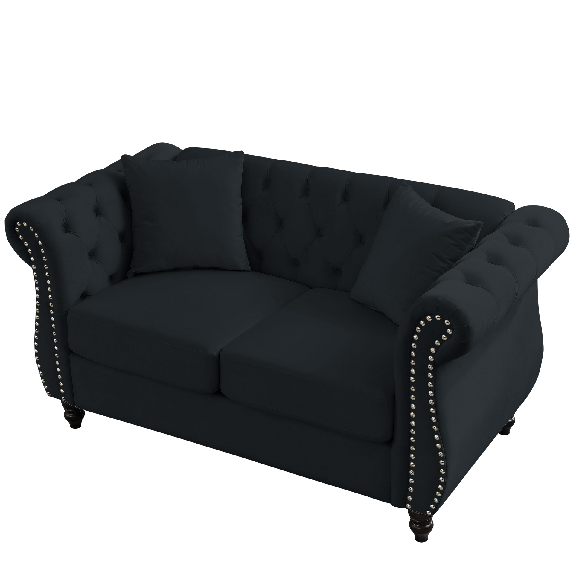 58.8" Chesterfield Sofa Black Velvet For Living Room, 2 Seater Sofa Tufted Couch With Rolled Arms And For Living Room, Bedroom, Office, Apartment, Two Pillows Black Foam Velvet
