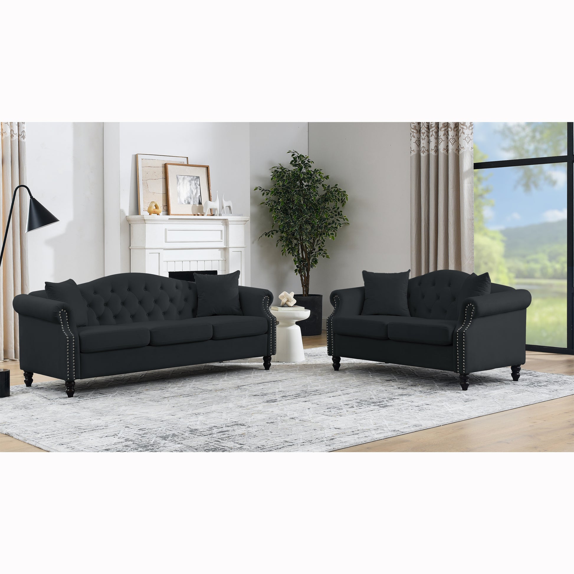 Video 79" Chesterfield Sofa Black Velvet For Living Room, 3 Seater Sofa Tufted Couch With Rolled Arms And For Living Room, Bedroom, Office, Apartment, 3S 2S Black Velvet