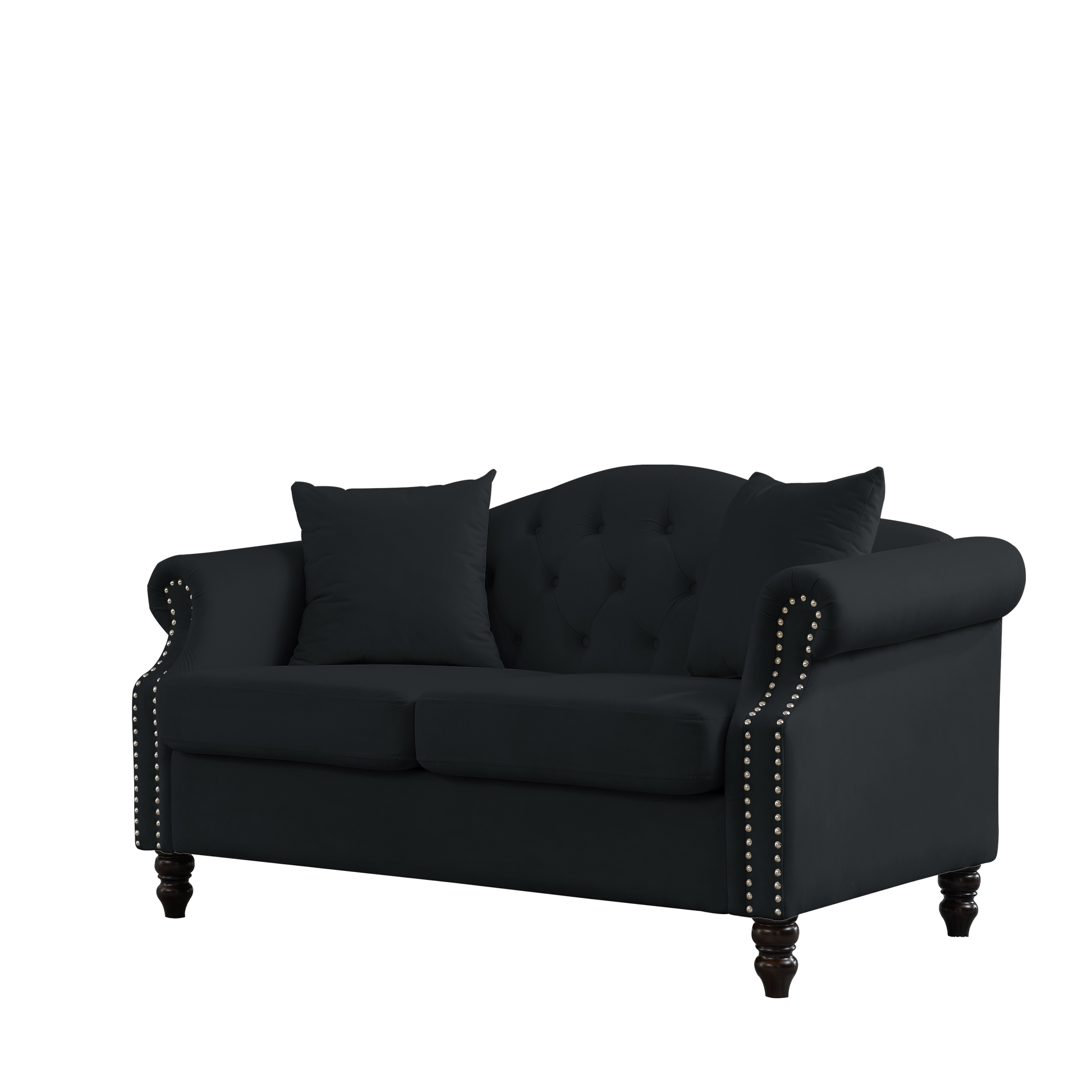 57" Chesterfield Sofa Black Velvet For Living Room, 2 Seater Sofa Tufted Couch With Rolled Arms And For Living Room, Bedroom, Office, Apartment, Two Pillows Black Foam Velvet