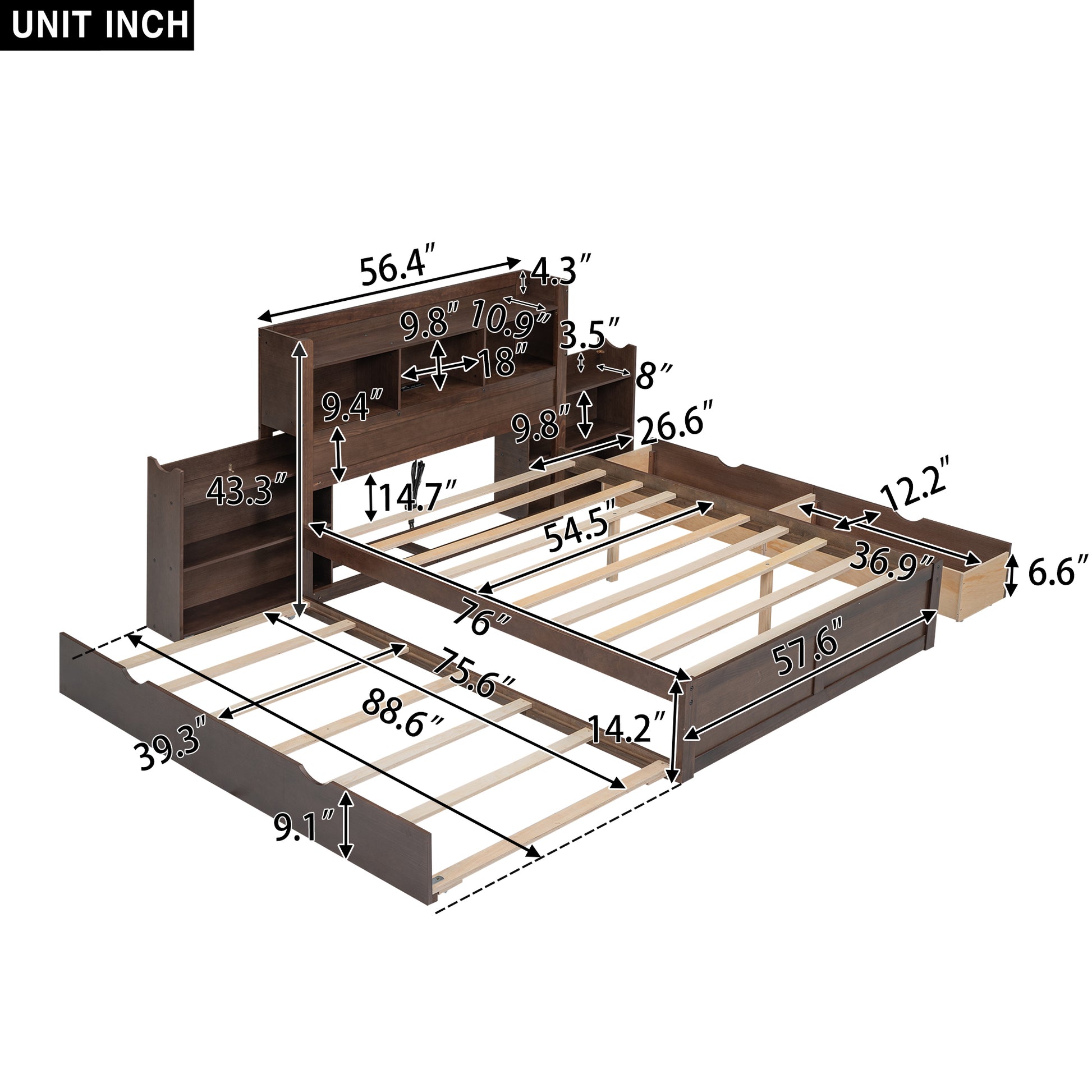 Full Size Storage Platform Bed With Pull Out Shelves, Twin Size Trundle And 2 Drawers, Espresso Box Spring Not Required Full Espresso Wood Bedroom Bed Frame Solid Wood Mdf
