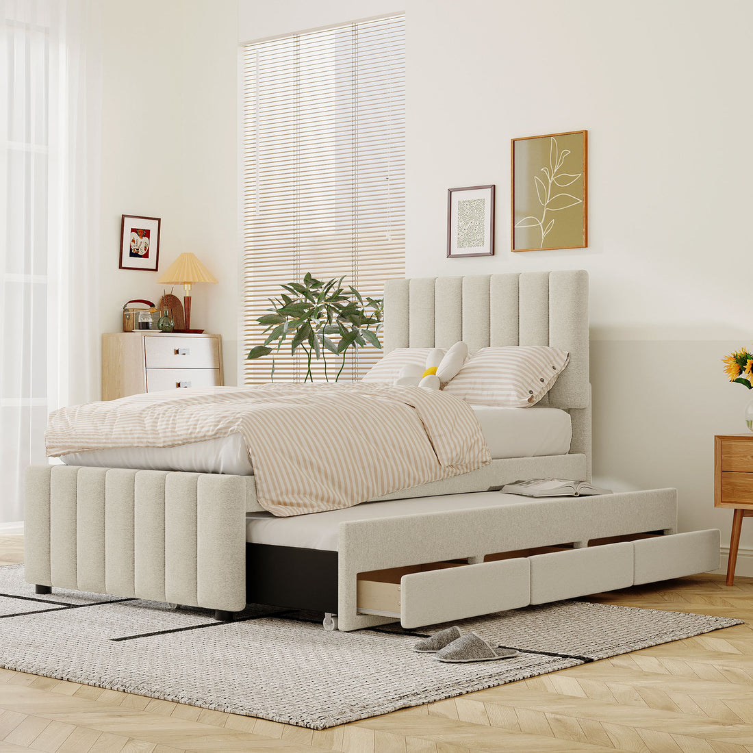 Twin Size Upholstered Platform Bed With Trundle And 3 Drawers, Linen Fabric, Beige Beige Linen