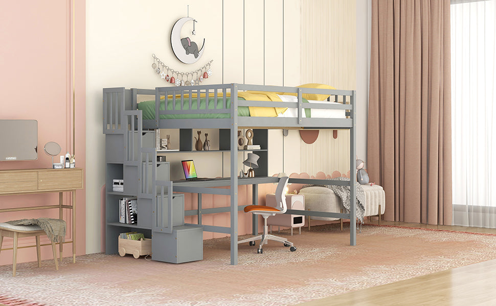 Full Size Loft Bed With Built In Desk, Bookshelves And Storage Staircase,Grey Old Sku:W504S00109 Full Grey Pine