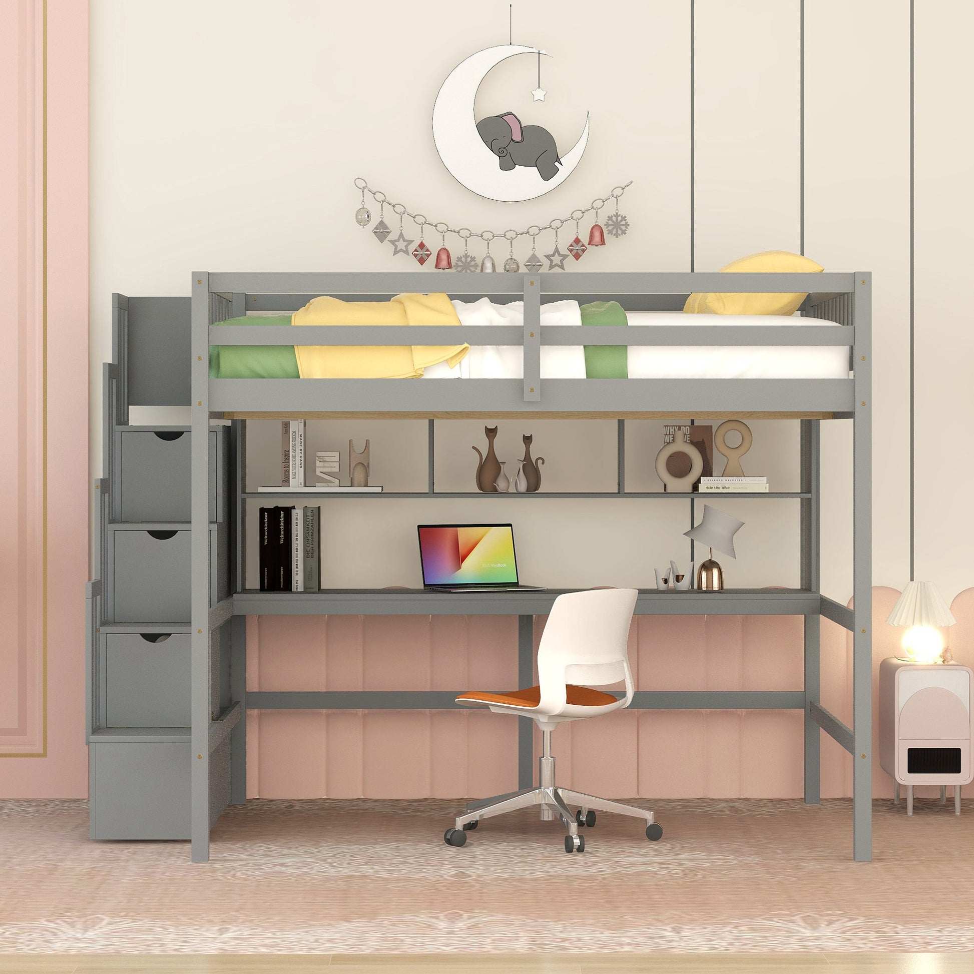 Full Size Loft Bed With Built In Desk, Bookshelves And Storage Staircase,Grey Old Sku:W504S00109 Full Grey Pine