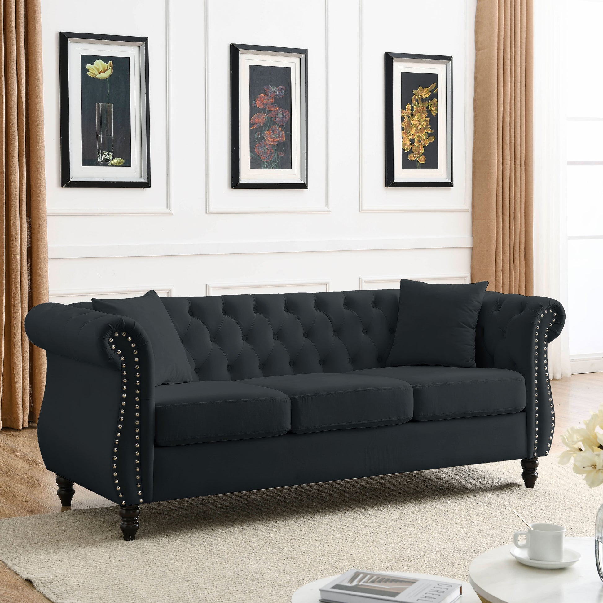 Video 80" Chesterfield Sofa Black Velvet For Living Room, 3 Seater Sofa Tufted Couch With Rolled Arms And For Living Room, Bedroom, Office, Apartment, Two Pillows Black Foam Velvet