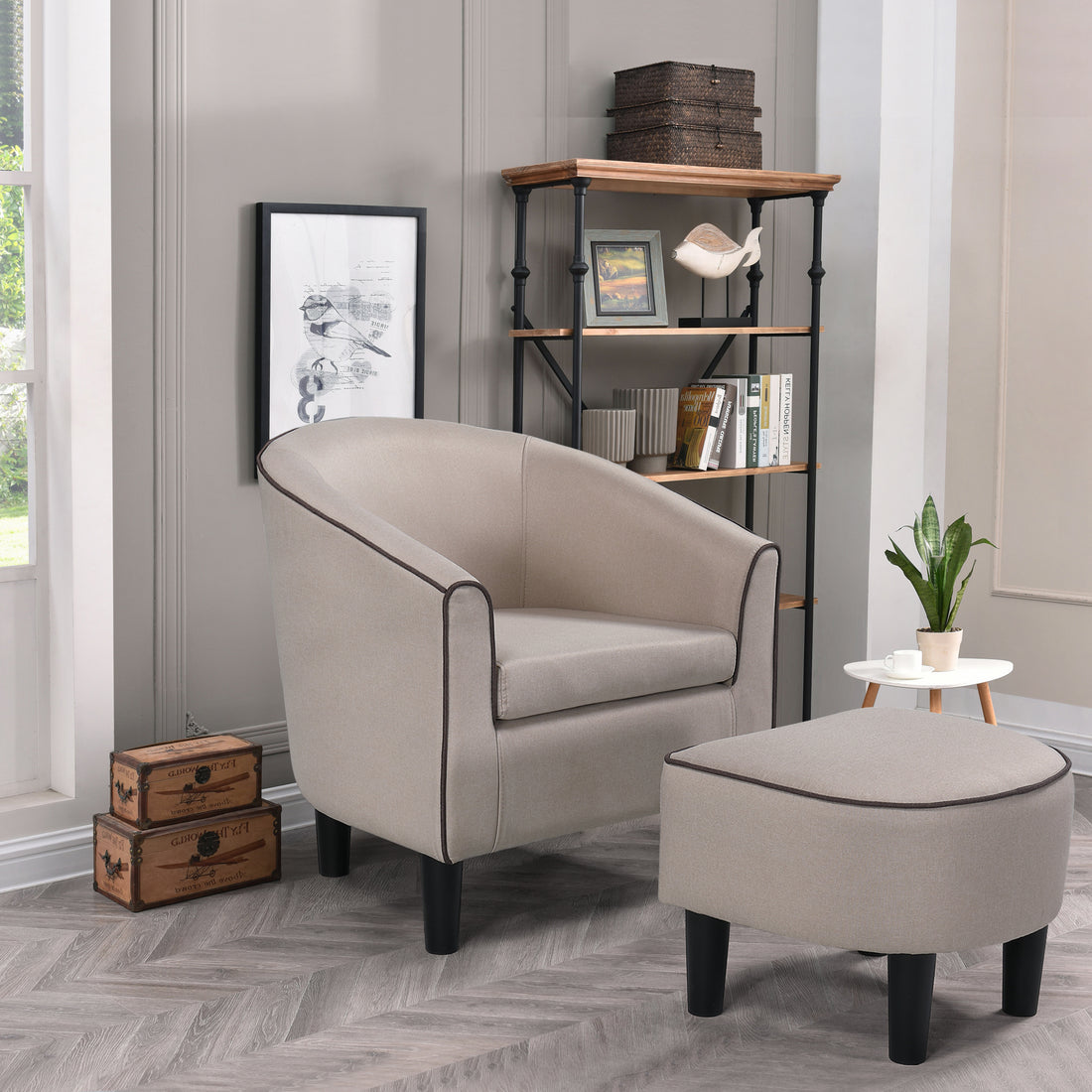 Jst Accent Chair With Ottoman, Modern Accent Arm Chair With Footrest, Suit For Living Room Bedroom Small Spaces Apartment Office Fabric Beige Beige Brown Carbon Fiber